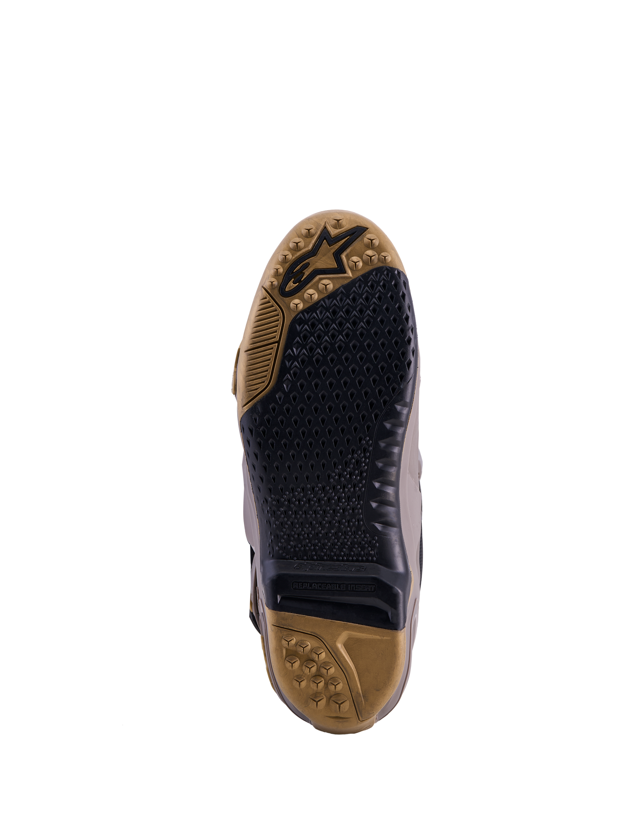 Semelle Alpinestars Tech 10 Air Gold, brun terre et noir, avec adhérence texturée et insert remplaçable.