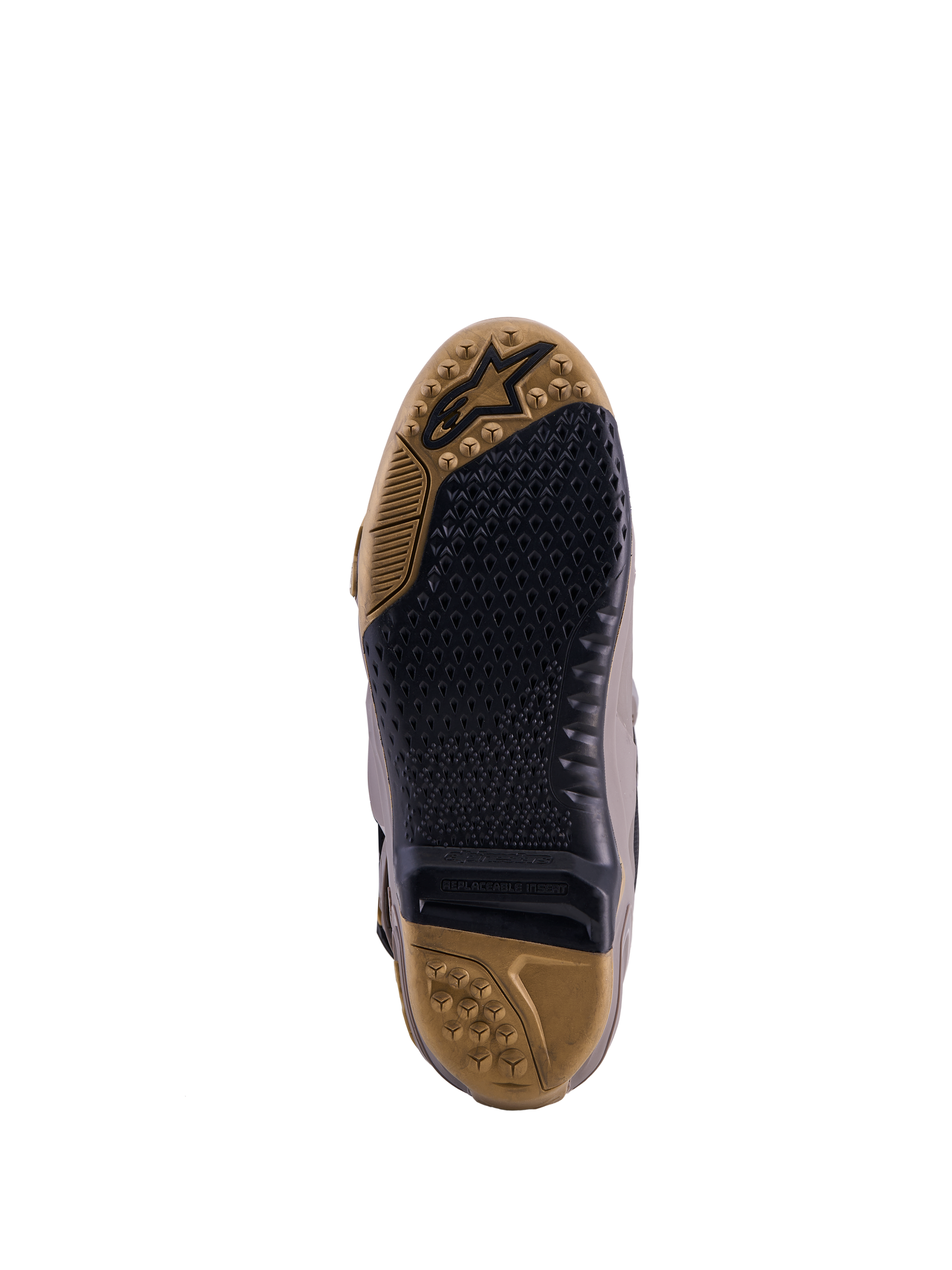 Semelle Alpinestars Tech 10 Air Gold, brun terre et noir, avec adhérence texturée et insert remplaçable.