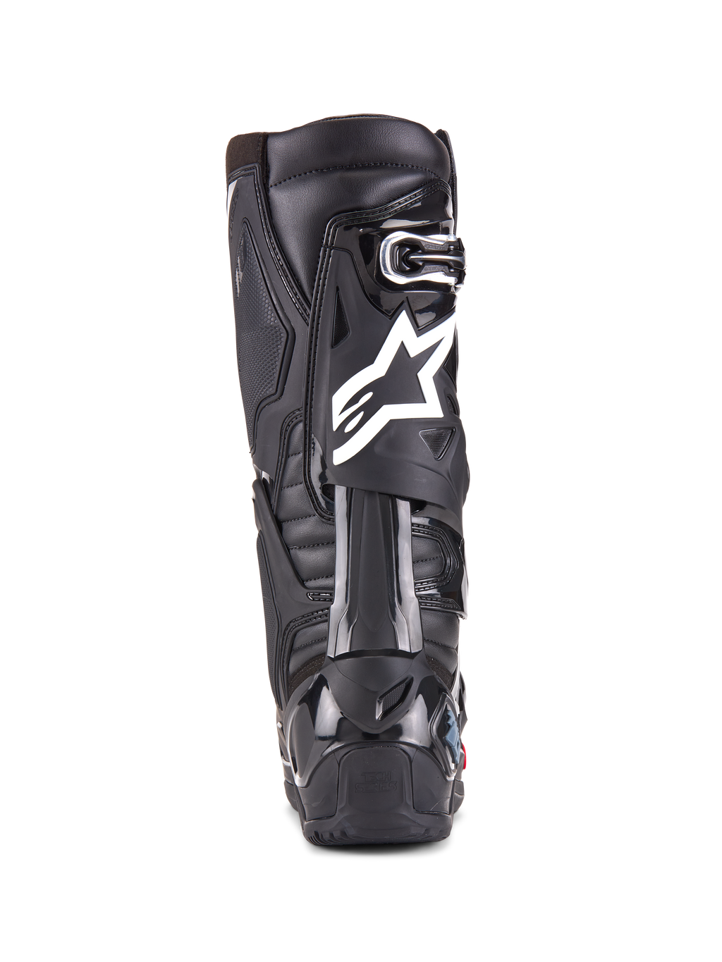 Bottes Alpinestars Tech 10 Enduro, noir, vue arrière d'une botte montrant le logo Alpinestars blanc, protection de talon en TPU durable et semelle enduro robuste pour la course tout-terrain