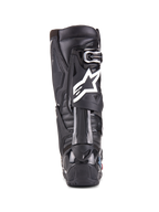 Bottes Alpinestars Tech 10 Enduro, noir, vue arrière d'une botte montrant le logo Alpinestars blanc, protection de talon en TPU durable et semelle enduro robuste pour la course tout-terrain