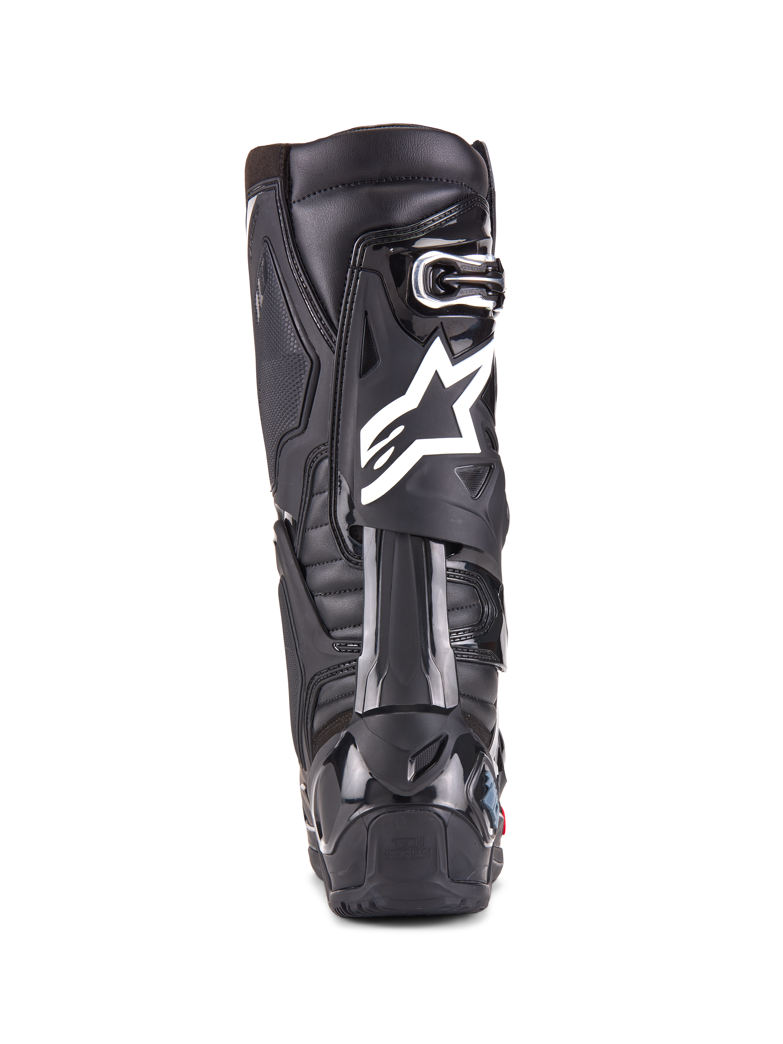 Bottes Alpinestars Tech 10 Enduro, noir, vue arrière d'une botte montrant le logo Alpinestars blanc, protection de talon en TPU durable et semelle enduro robuste pour la course tout-terrain