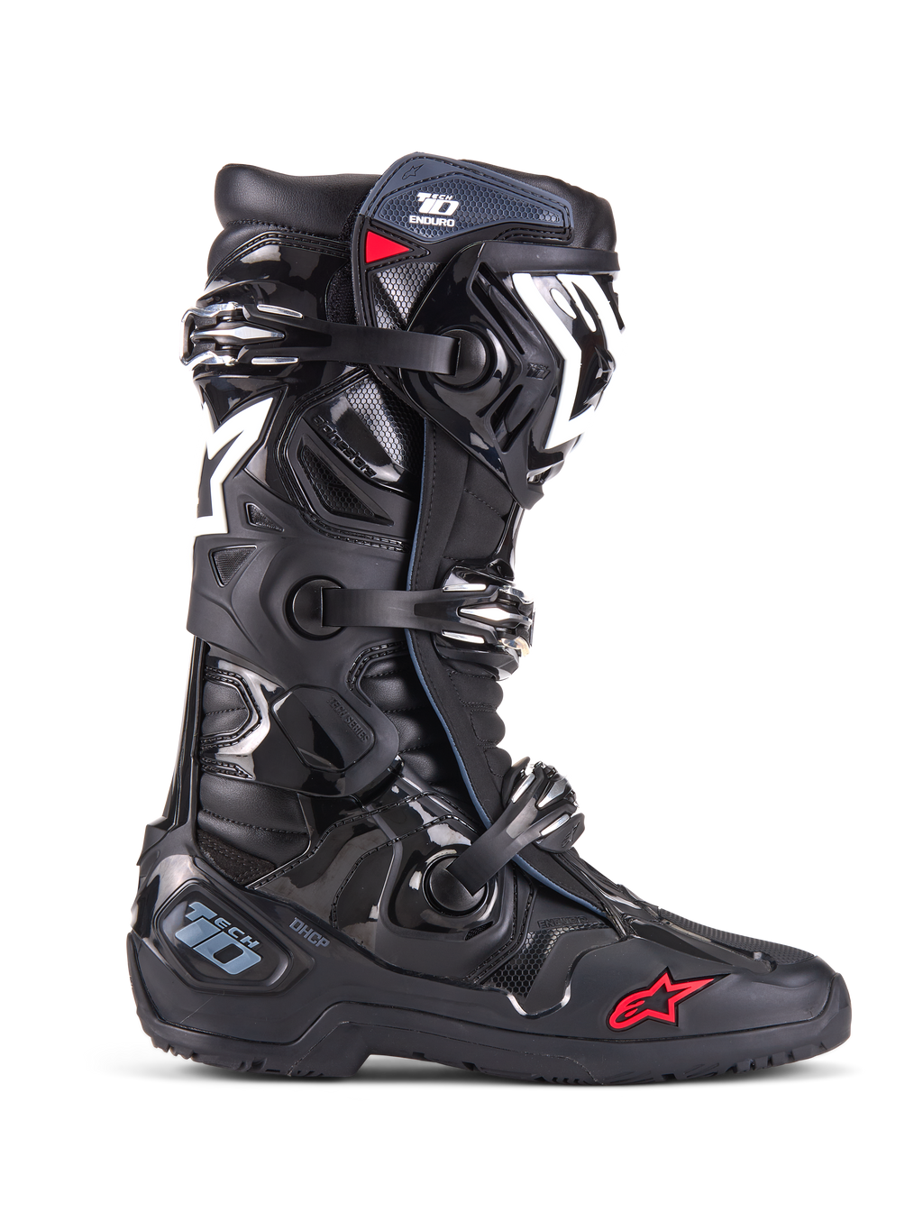Alpinestars Bottes Tech 10 Enduro, bottes de motocross tout-terrain, noires avec accents blancs et rouges, système de fermeture à triple boucle, protège-tibia et plaque de talon en TPU, semelle Enduro robuste, logo étoile emblématique, protection de course haut de gamme