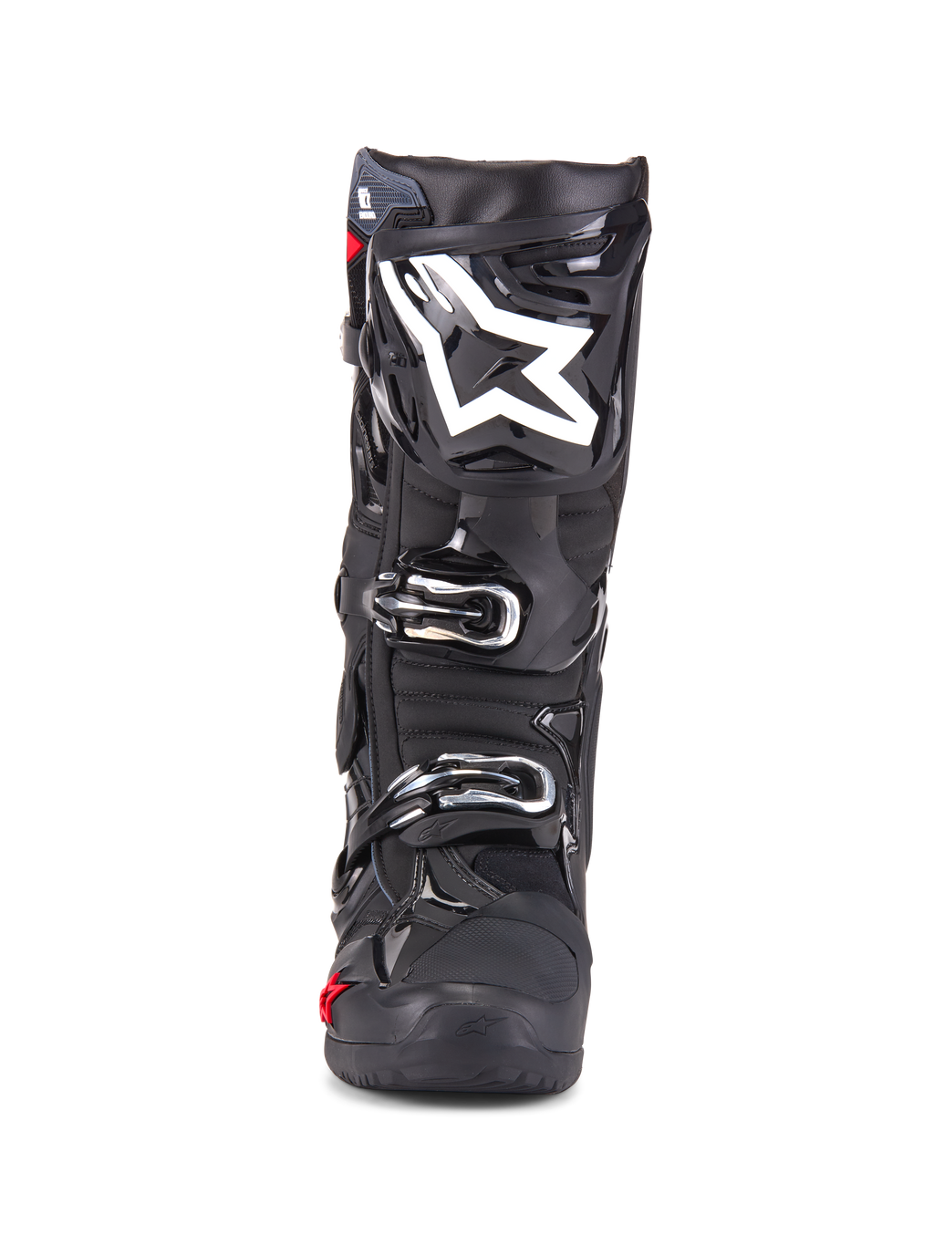 Bottes Alpinestars Tech 10 Enduro, bottes de motocross, noires, vue de face montrant le logo étoile blanc sur le tibia, boucles argentées, finition noire élégante avec panneaux de protection robustes, chaussures haute performance pour la conduite tout-terrain