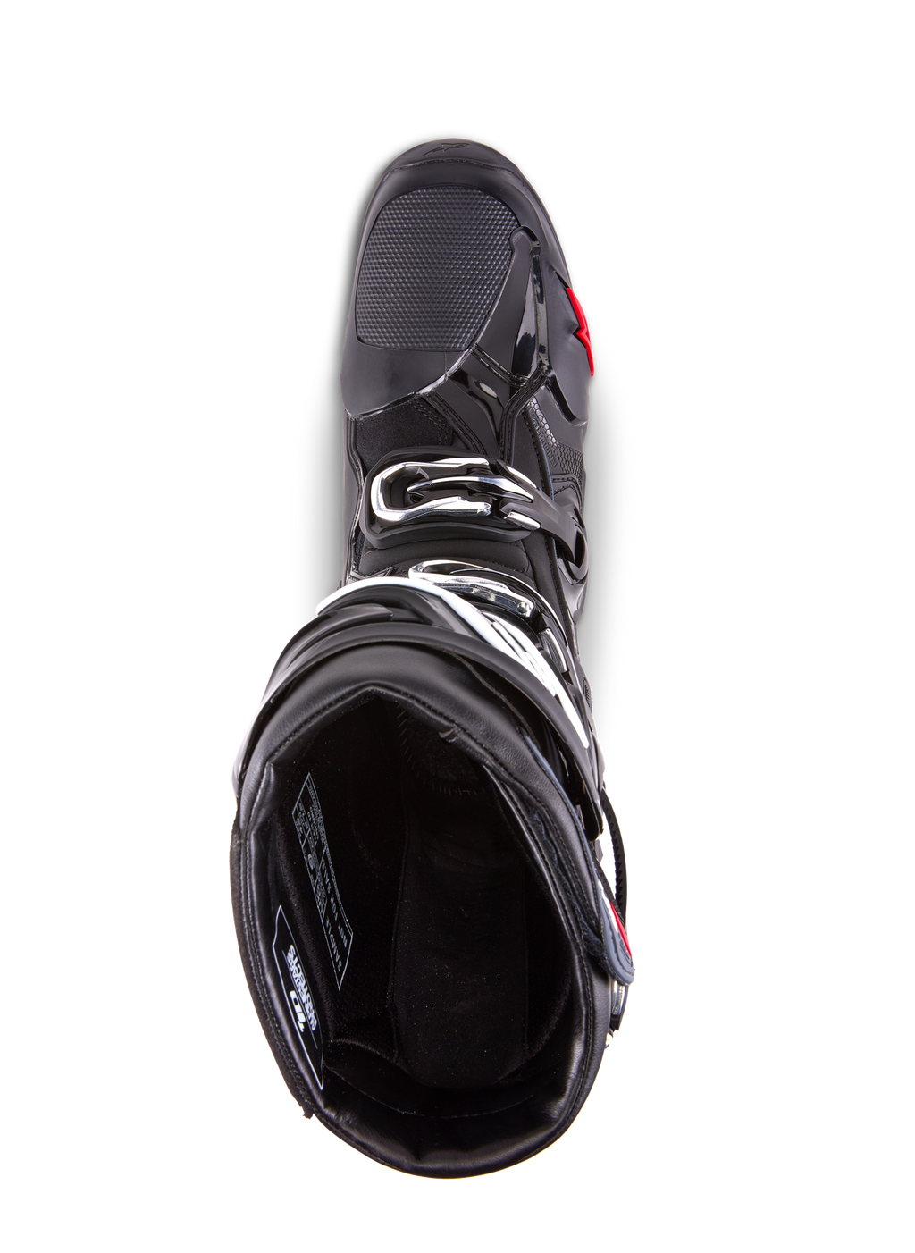 Bottes Alpinestars Tech 10 Enduro, bottes de motocross, noir, vue de dessus montrant la doublure intérieure, le système de fermeture à triple boucle et la zone des orteils renforcée, conçues pour la haute performance en tout-terrain et en compétition enduro
