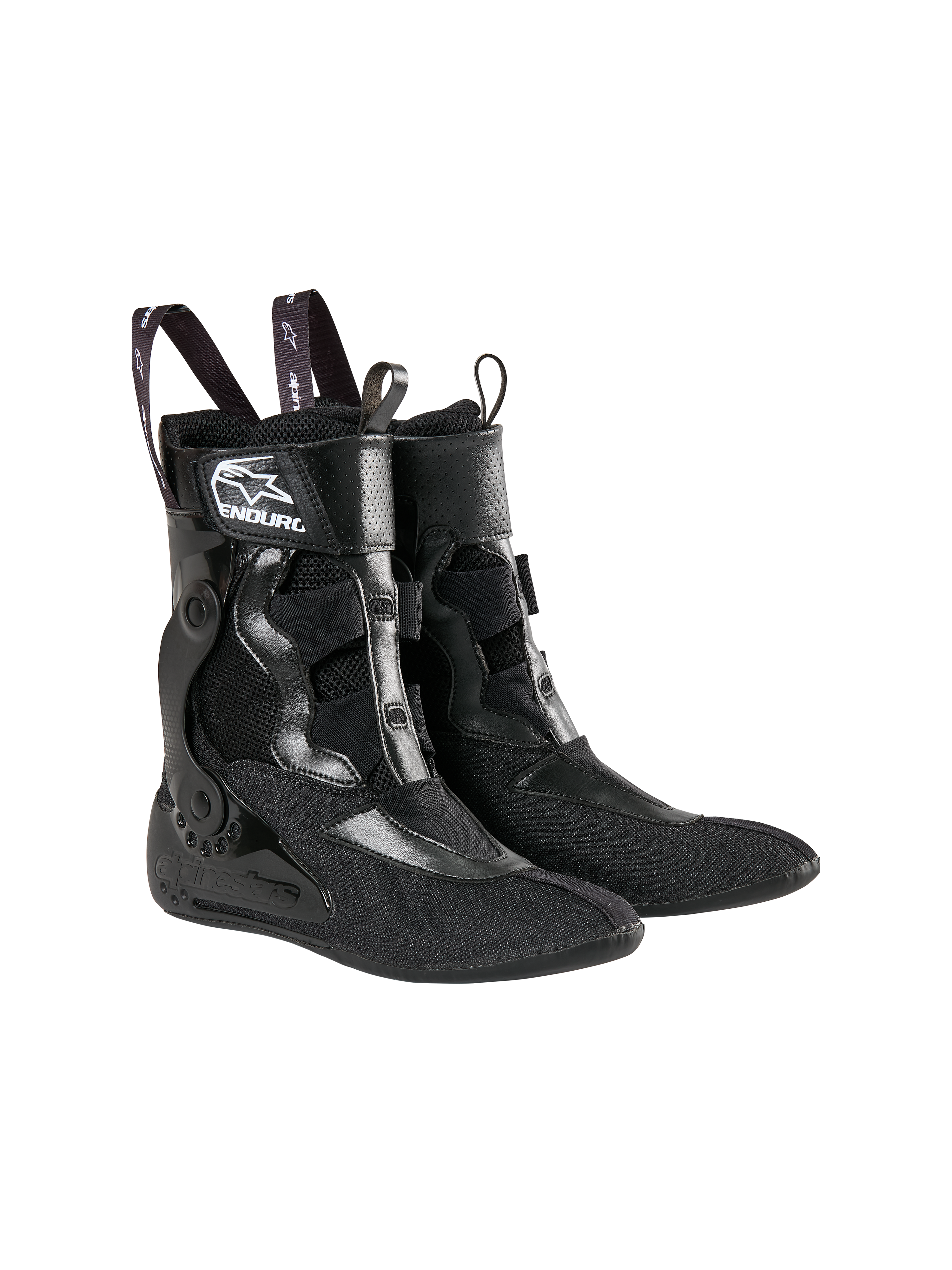 Chaussons intérieurs Alpinestars Tech 10 Enduro, noirs, construction en textile et mesh, logo Alpinestars blanc et marquage 'ENDURO', boucles de tirage avec logos étoilés, avec renfort de cheville interne pour la performance en motocross