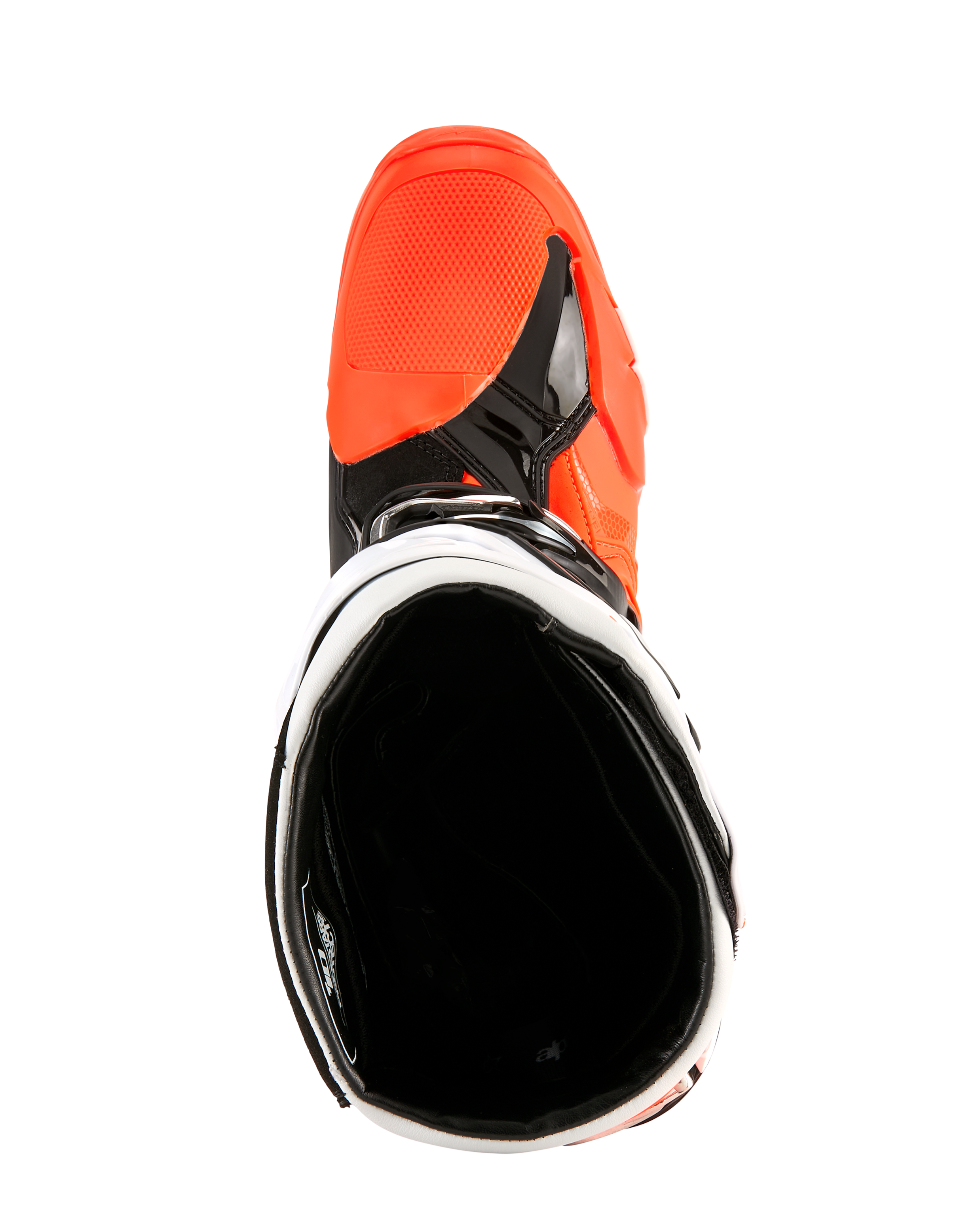 Alpinestars Tech 10 Enduro Boots, Orange Fluo Black and White, top-down view looking into the boot opening, showing the black interior lining and bright orange toe box area, professional off-road motorcycle footwear