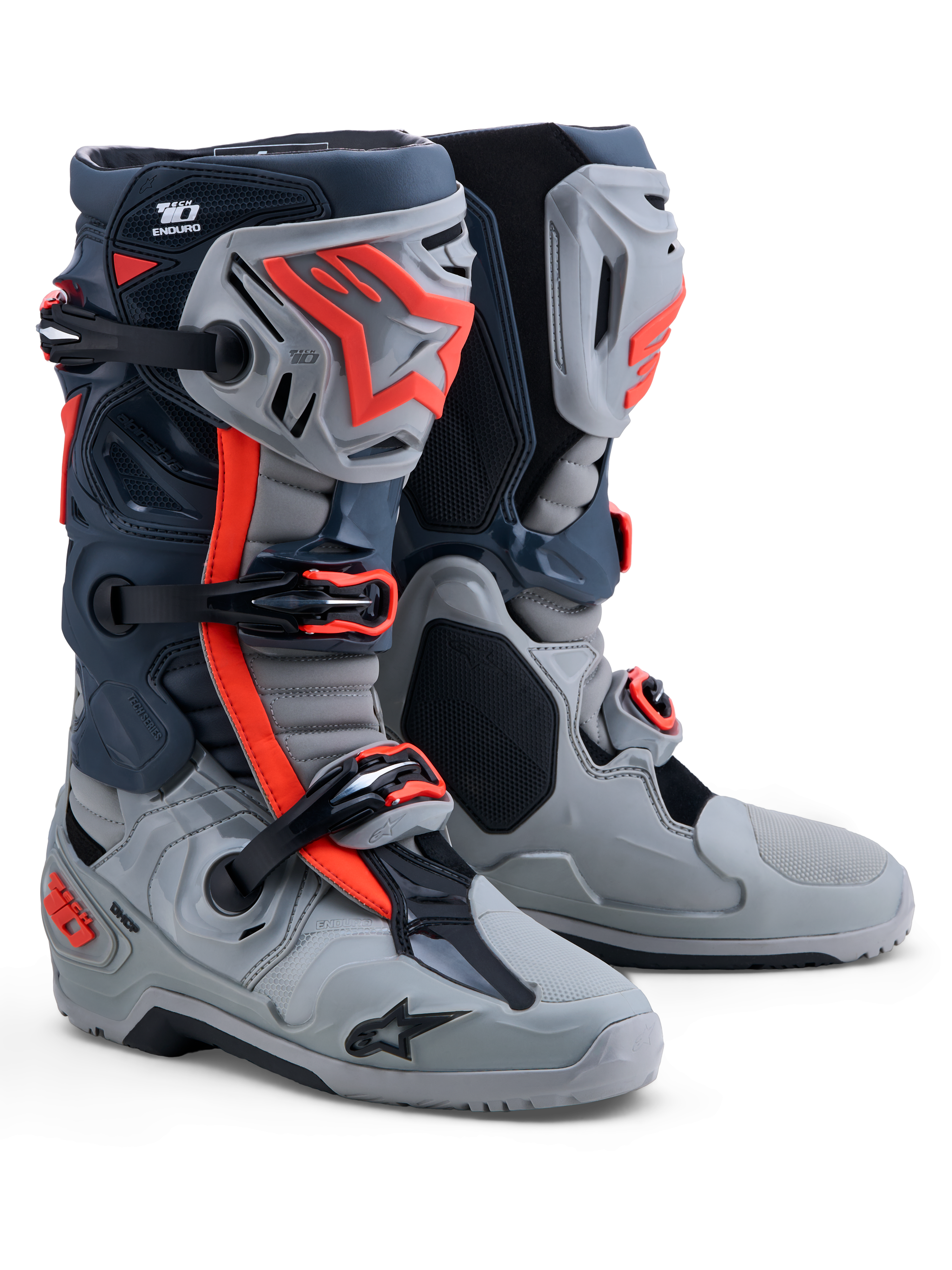 Alpinestars Tech-10 Enduro Boots, men's off-road boots in Gray and Red Fluo, featuring TPU protection and CE certification.