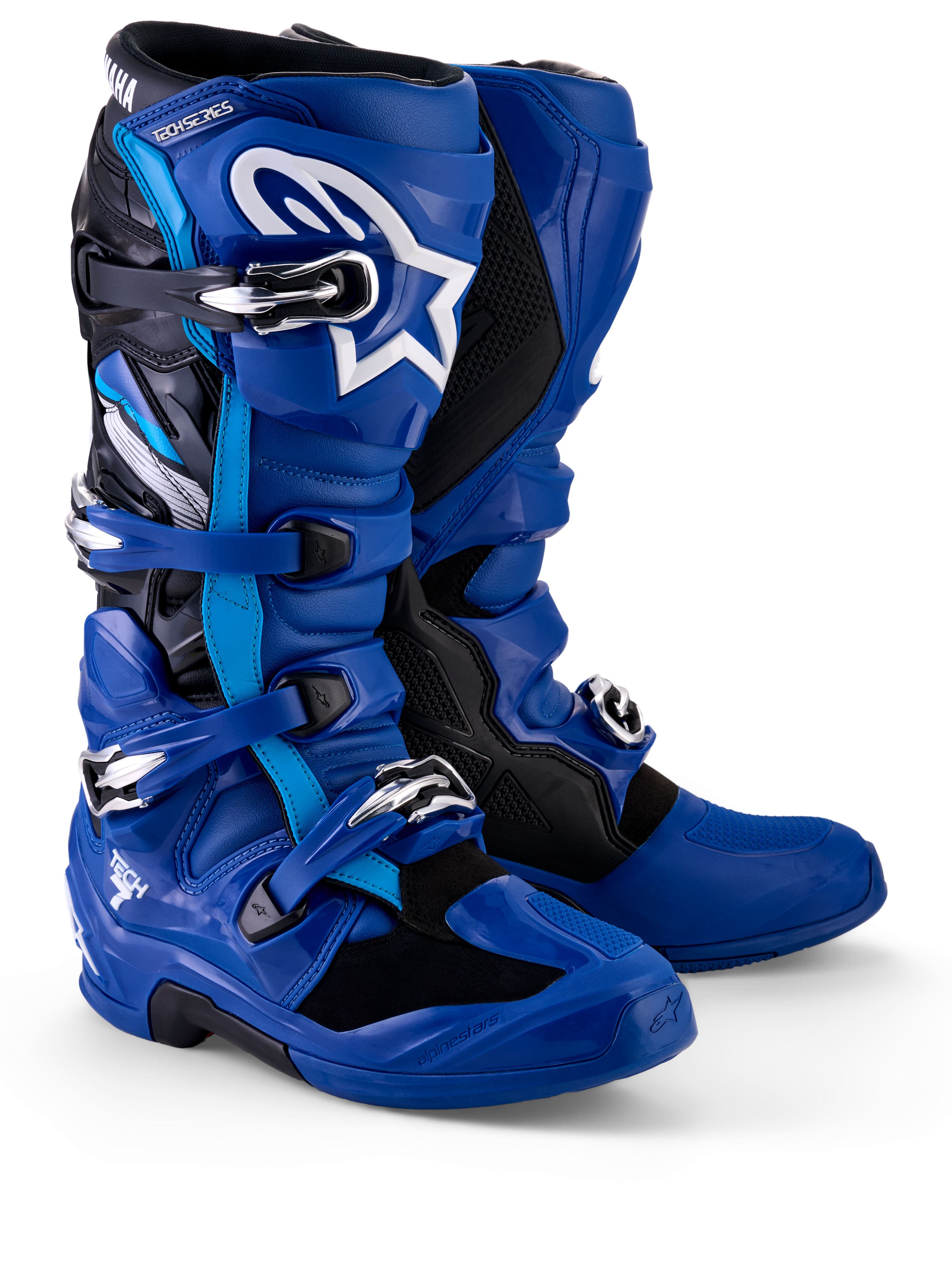 Alpinestars Yamaha Tech 7 Boots, Motocross Boots, Blue Black and White, featuring a multi-buckle closure system, TPU shin plate with white Astar logo, and Yamaha branding on the top gaiter, designed for off-road performance