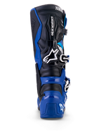 Rear view of Alpinestars Yamaha Tech 7 Boots in Blue Black and White, featuring a protective TPU shell, articulated ankle system, and prominent Alpinestars and Yamaha logos, engineered for motocross and off-road riding.
