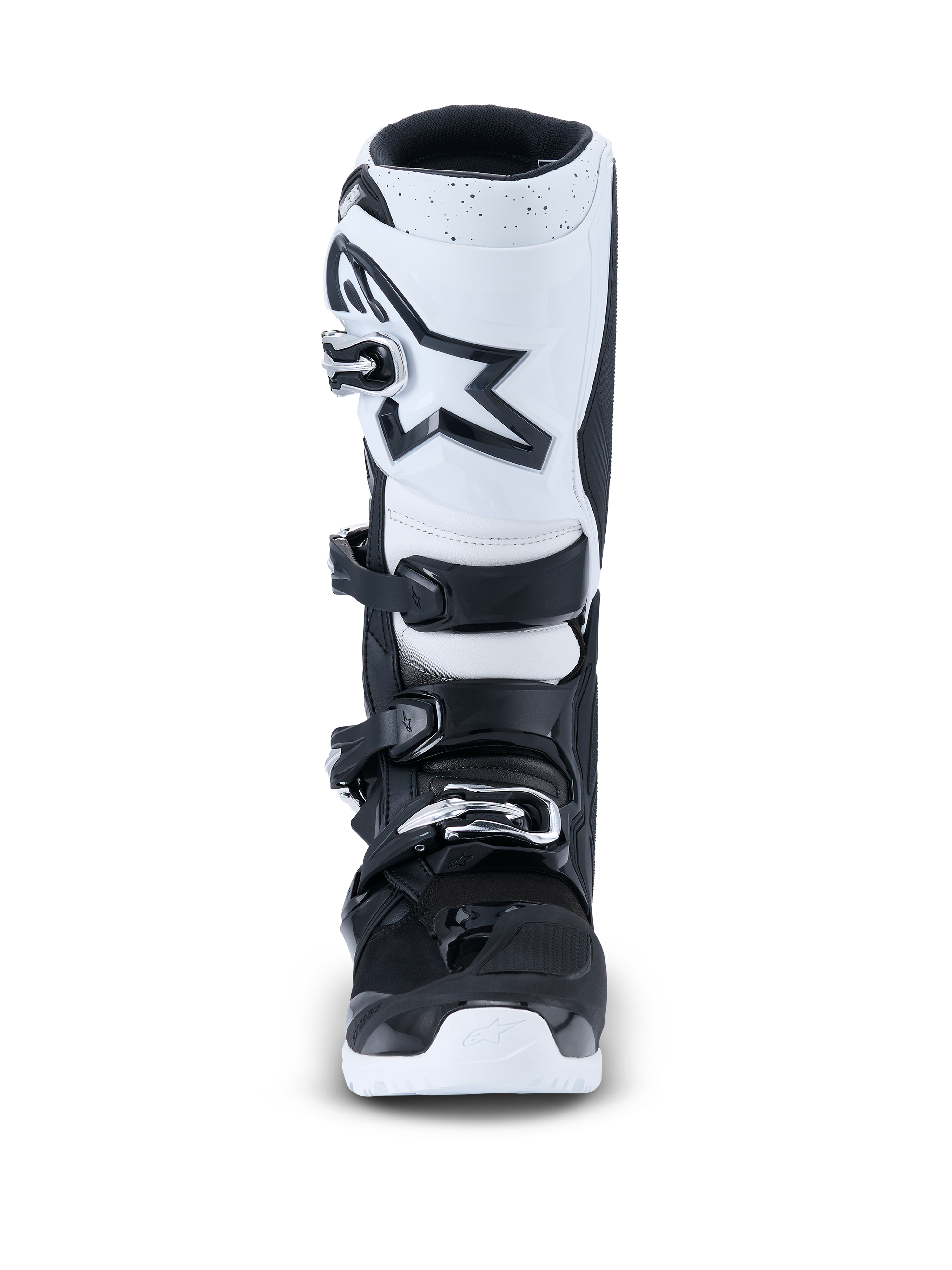 Alpinestars 2026 Tech 7 Enduro Boots, Motocross Boots, Black and White, front view featuring a white shin plate with a black star logo, four-buckle closure system, and durable white outsole