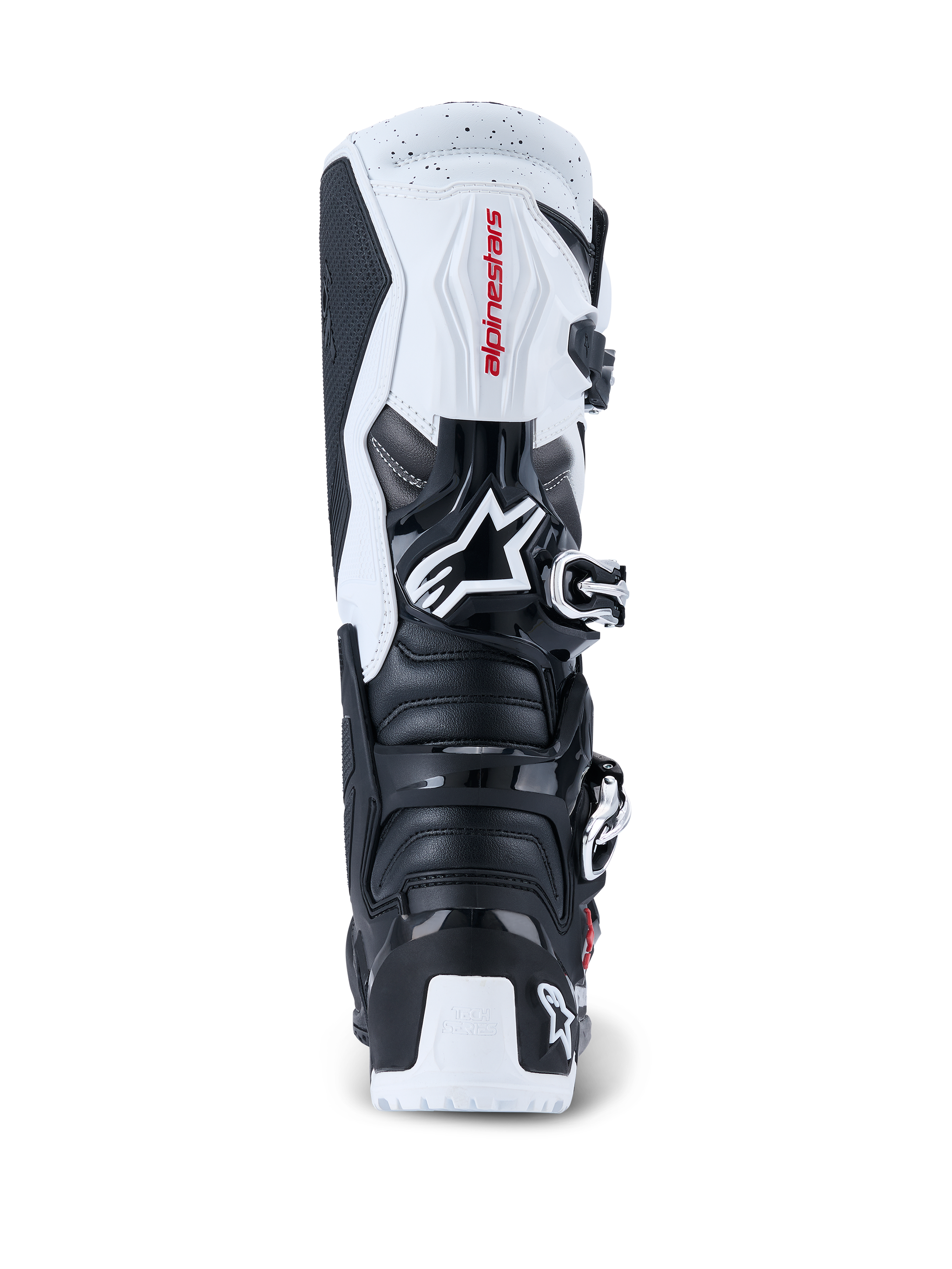 Alpinestars 2026 Tech 7 Enduro Boots, Motocross and Enduro Boots, Black and White, rear view showing TPU protective plates on the heel and calf, red Alpinestars branding on white upper panel, and silver buckle closure system, designed for high-performance off-road riding.