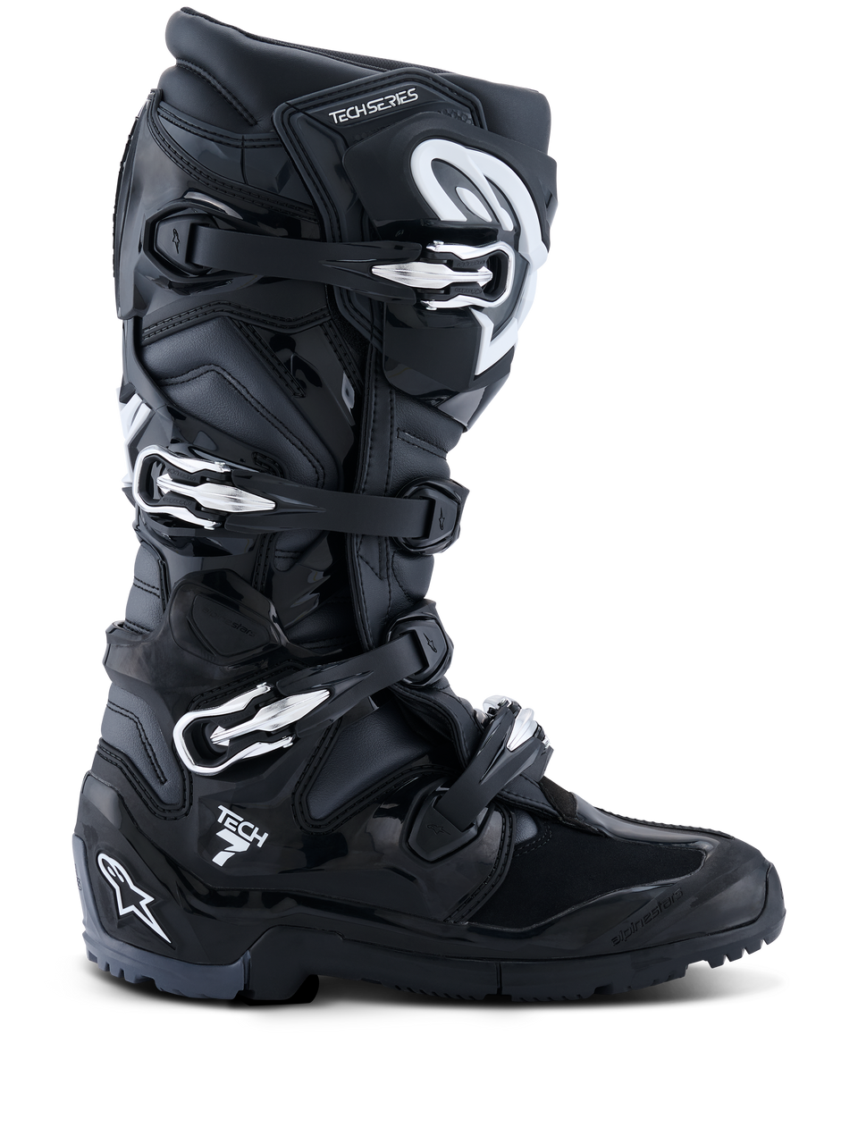Alpinestars Tech 7 Enduro, bottes de motocross noires avec finition brillante, boucles argentées multiples, panneaux texturés pour adhérence, semelle robuste tout-terrain, certifiées pour enduro