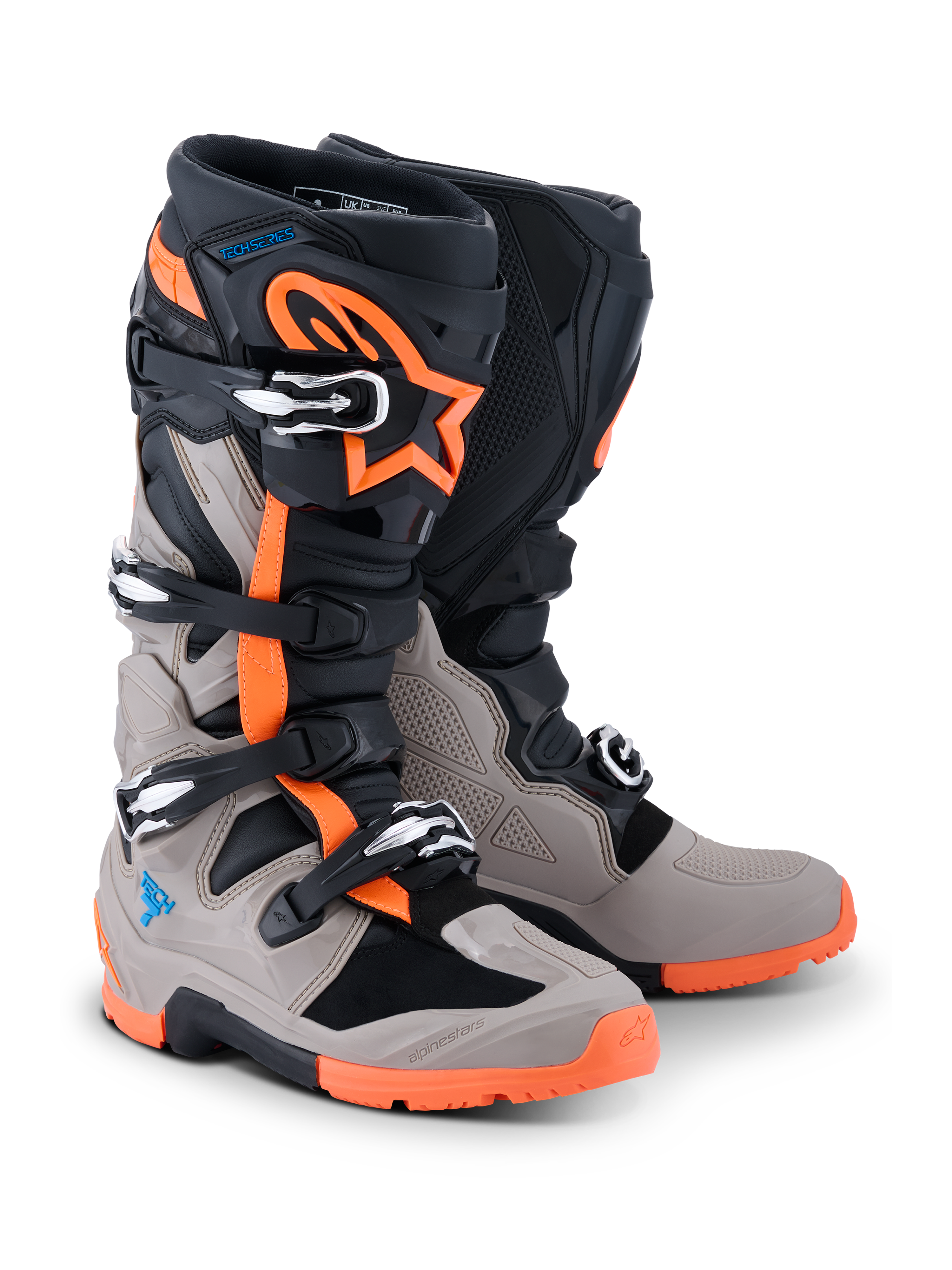 Alpinestars 2026 Tech 7 Enduro Boots, Black Warm Gray and Orange Fluo, off-road motorcycle boots with four buckle closures, rugged orange sole, protective TPU panels, and Alpinestars branding