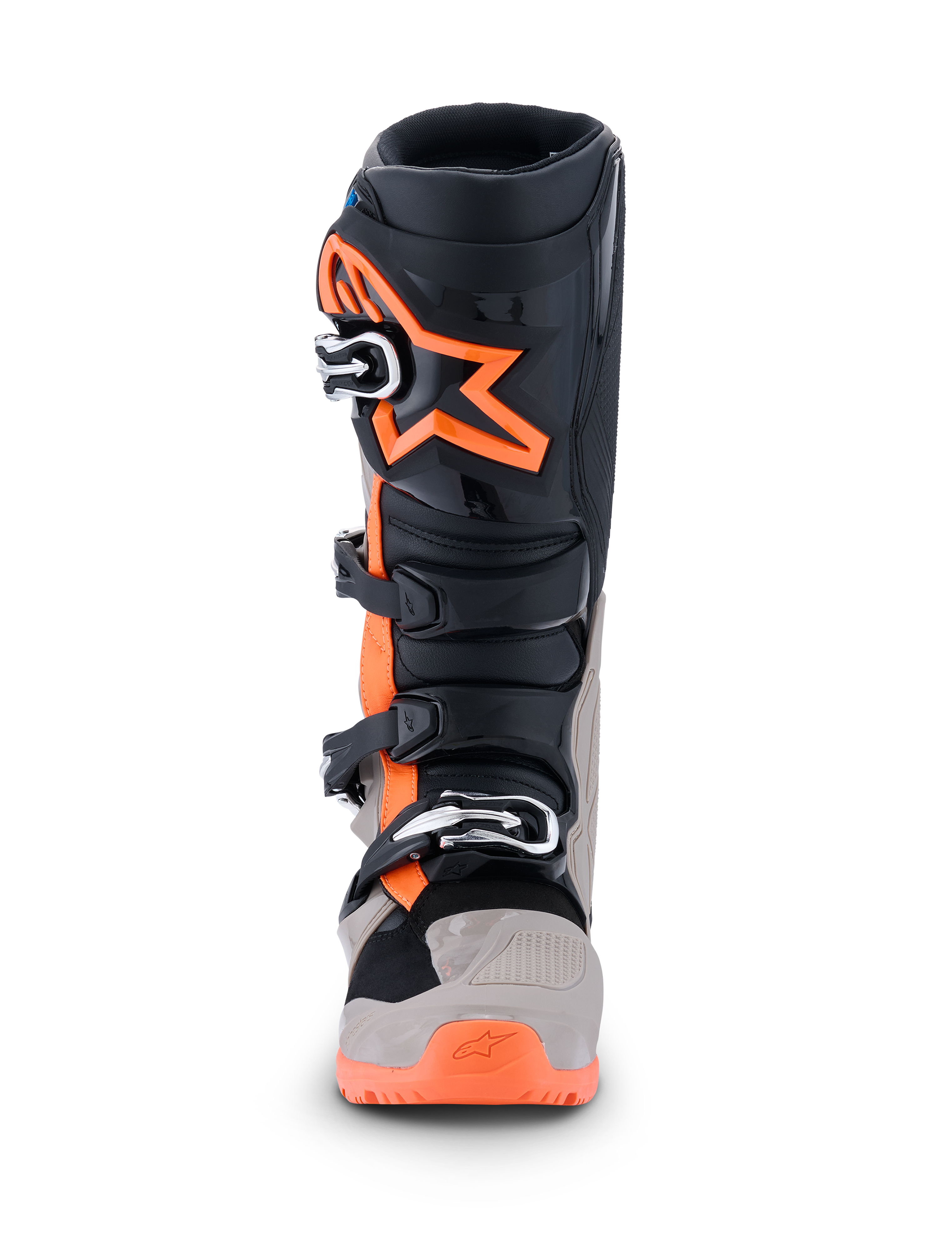 Alpinestars 2026 Tech 7 Enduro Boots, Motocross and Enduro Boots, Black Warm Gray and Orange Fluo, front view featuring large orange star logo on the shin, multi-buckle closure system, and rugged protective panels for off-road performance.
