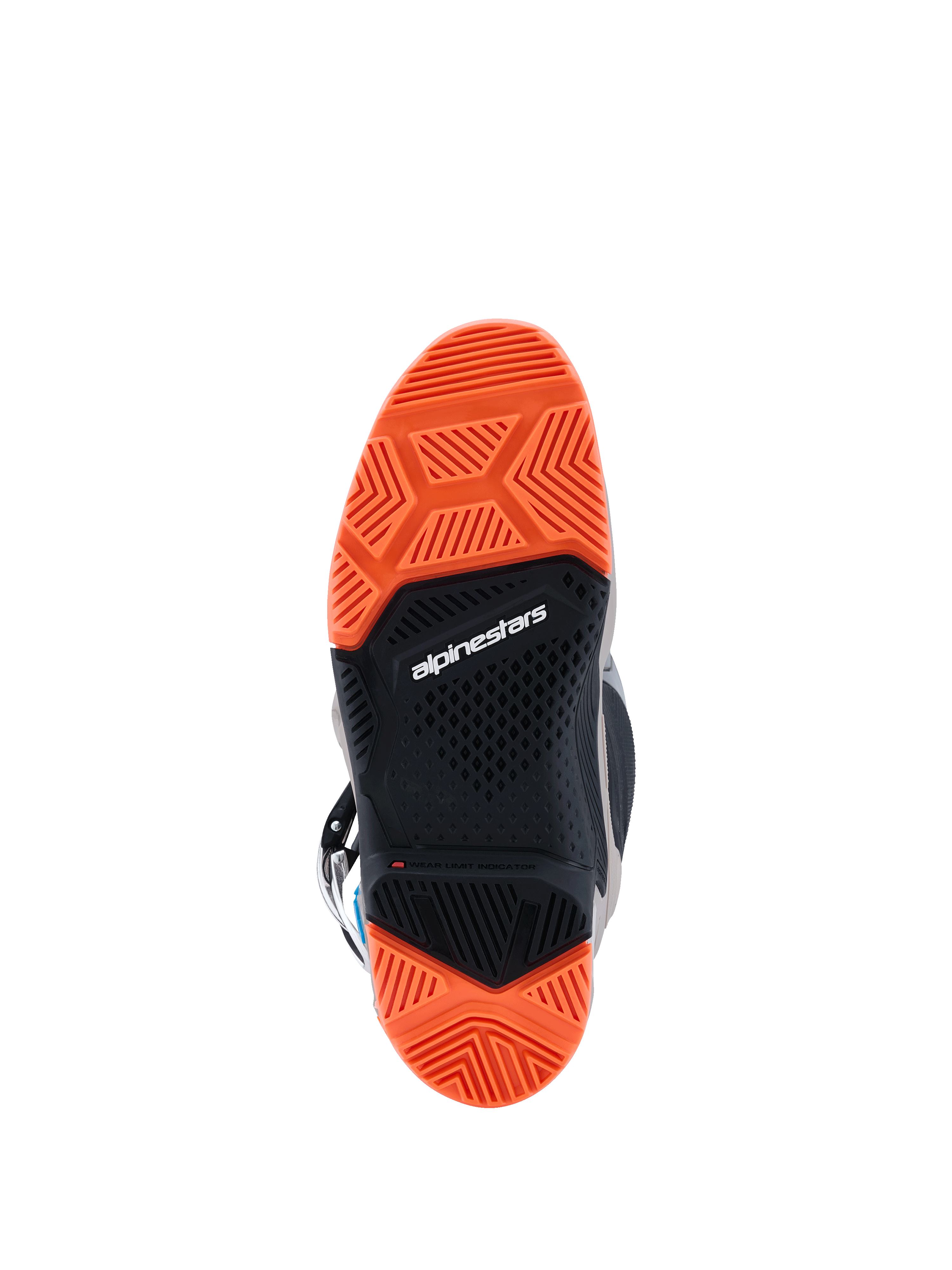 Alpinestars 2026 Tech 7 Enduro Boots, bottom view of the specialized dual-compound sole, Black and Orange Fluo, intricate tread patterns for superior off-road grip, featuring Alpinestars branding and wear limit indicator.