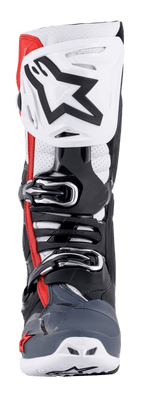 Alpinestars Tech 10 Supervented Boots, front view, Black White Mid Gray and Red, featuring a ventilated shin plate with a large black star logo, micro-adjustable buckle system, perforated zones for airflow, and a durable TPU protective chassis for motocross.