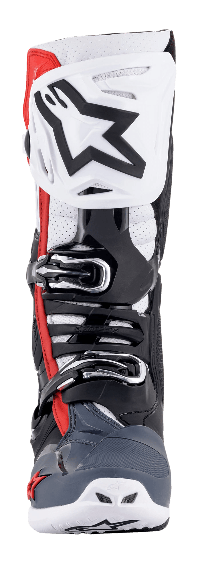 Alpinestars Tech 10 Supervented Boots, front view, Black White Mid Gray and Red, featuring a ventilated shin plate with a large black star logo, micro-adjustable buckle system, perforated zones for airflow, and a durable TPU protective chassis for motocross.