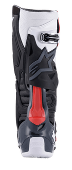 Alpinestars Tech 10 Supervented Boots, Motocross Boots, Rear View in Black White Mid Gray and Red, featuring a red rear blade protector, perforated zones for ventilation, and high-performance TPU shell with secure buckle closure.