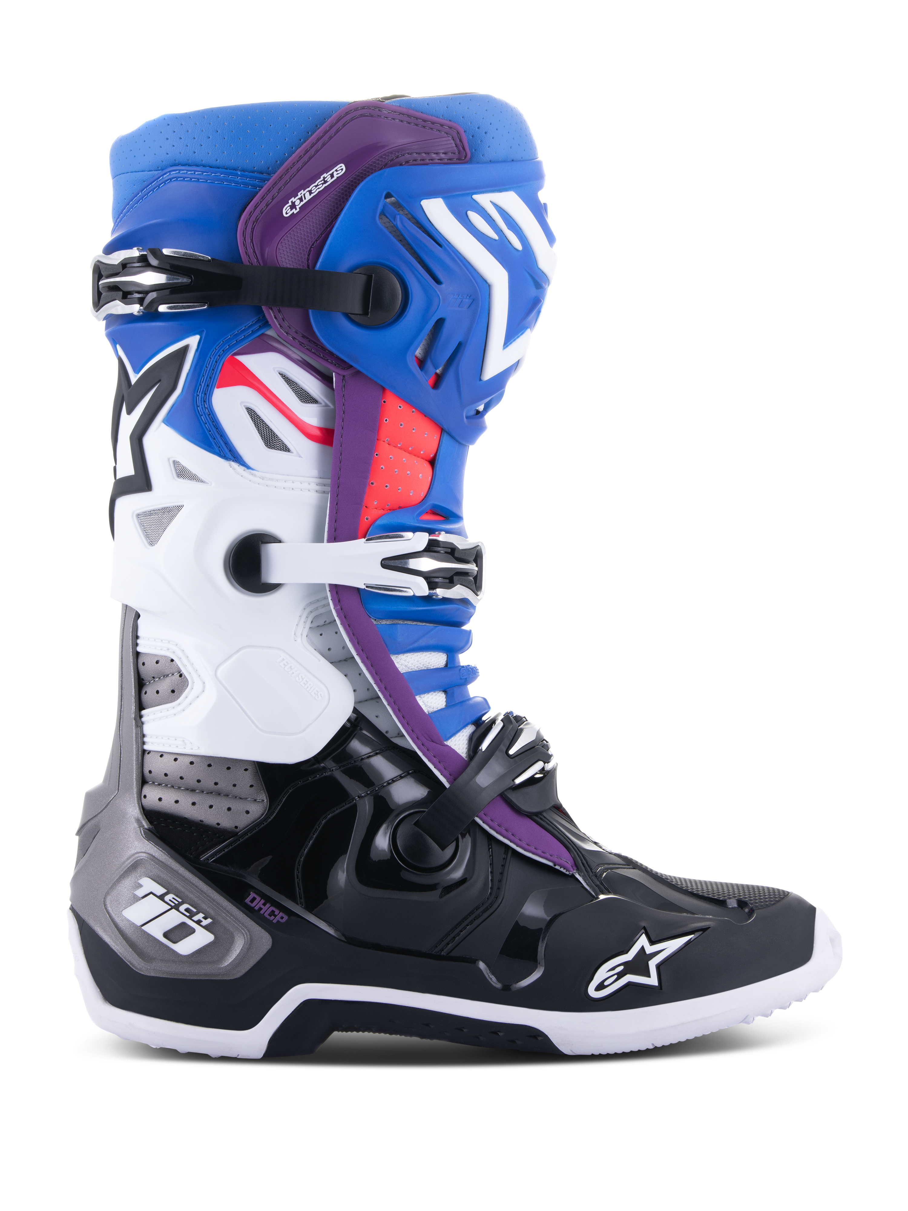 Alpinestars Tech 10 Supervented Boots, Motocross Racing Boots, Blue Purple White Black and Red, side profile view featuring a triple buckle closure system, ventilated zones, and Alpinestars star logo branding.
