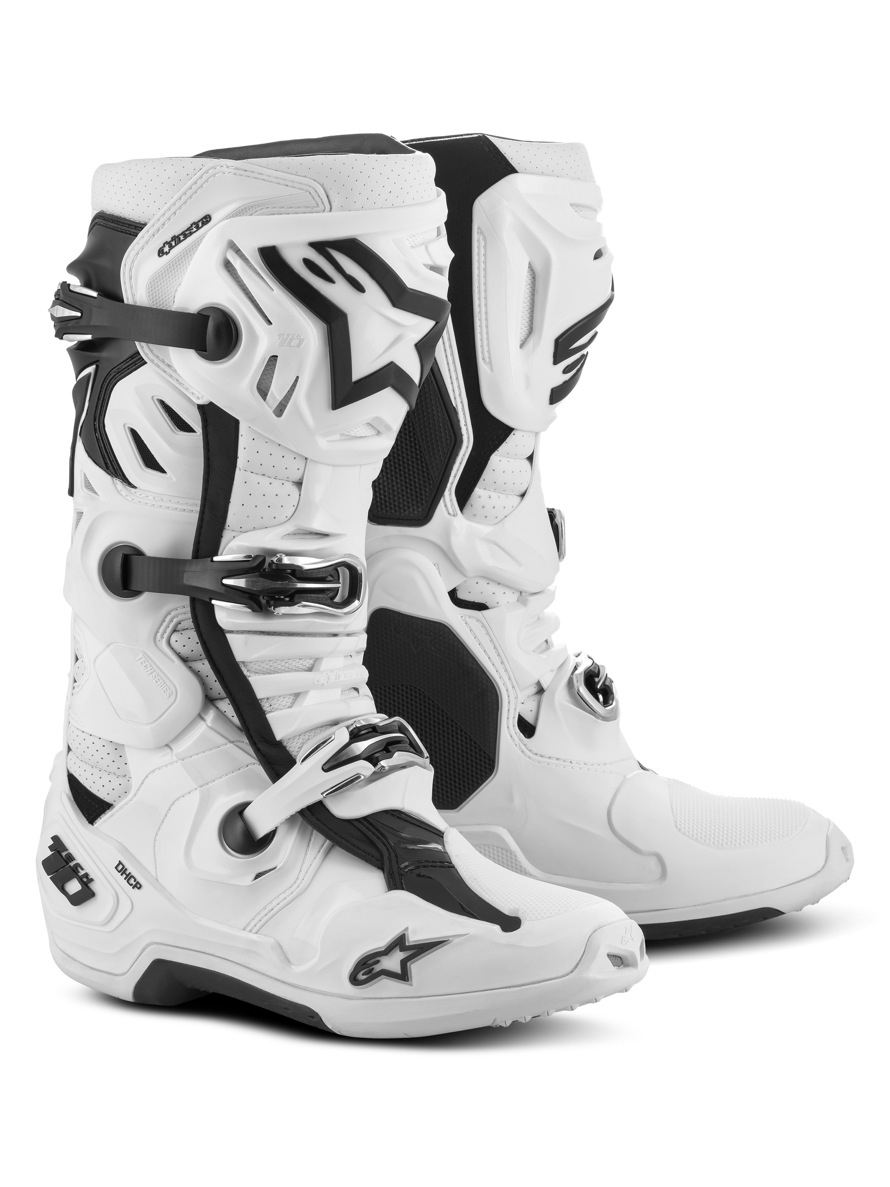 Bottes Alpinestars Tech 10 Supervented, bottes de motocross, blanches, dotées d'entrées d'air à l'avant, d'un protège-tibia ventilé et d'un système de boucles réglables, chaussures de course tout-terrain haute performance