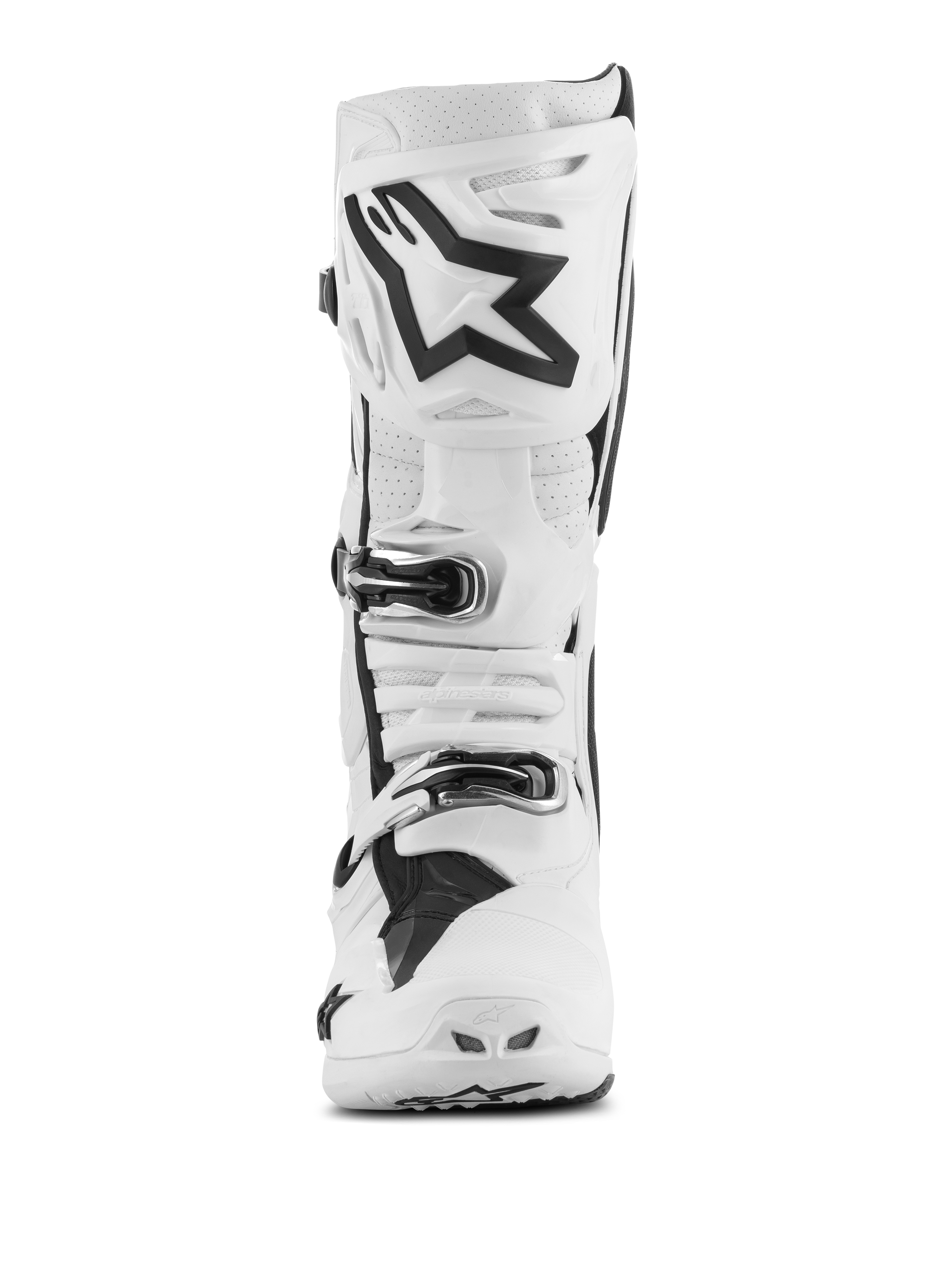 Bottes Alpinestars Tech 10 Supervented, bottes de motocross, blanches avec accents noirs, vue de face montrant le grand logo Astar noir sur la plaque tibiale, système de fermeture à boucles et sections perforées pour la ventilation.