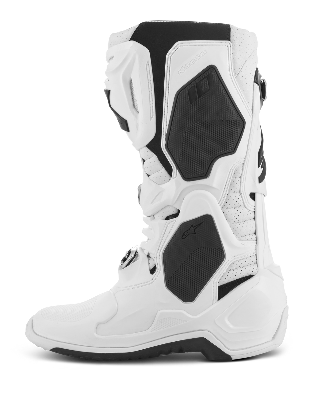 Bottes Alpinestars Tech 10 Supervented, bottes de motocross, blanches, vue de profil, avec panneaux en TPU noirs et construction en microfibre perforée, plaque tibiale ventilée pour un flux d'air élevé, équipement de course tout-terrain professionnel
