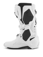 Bottes Alpinestars Tech 10 Supervented, bottes de motocross, blanches, vue de profil, avec panneaux en TPU noirs et construction en microfibre perforée, plaque tibiale ventilée pour un flux d'air élevé, équipement de course tout-terrain professionnel