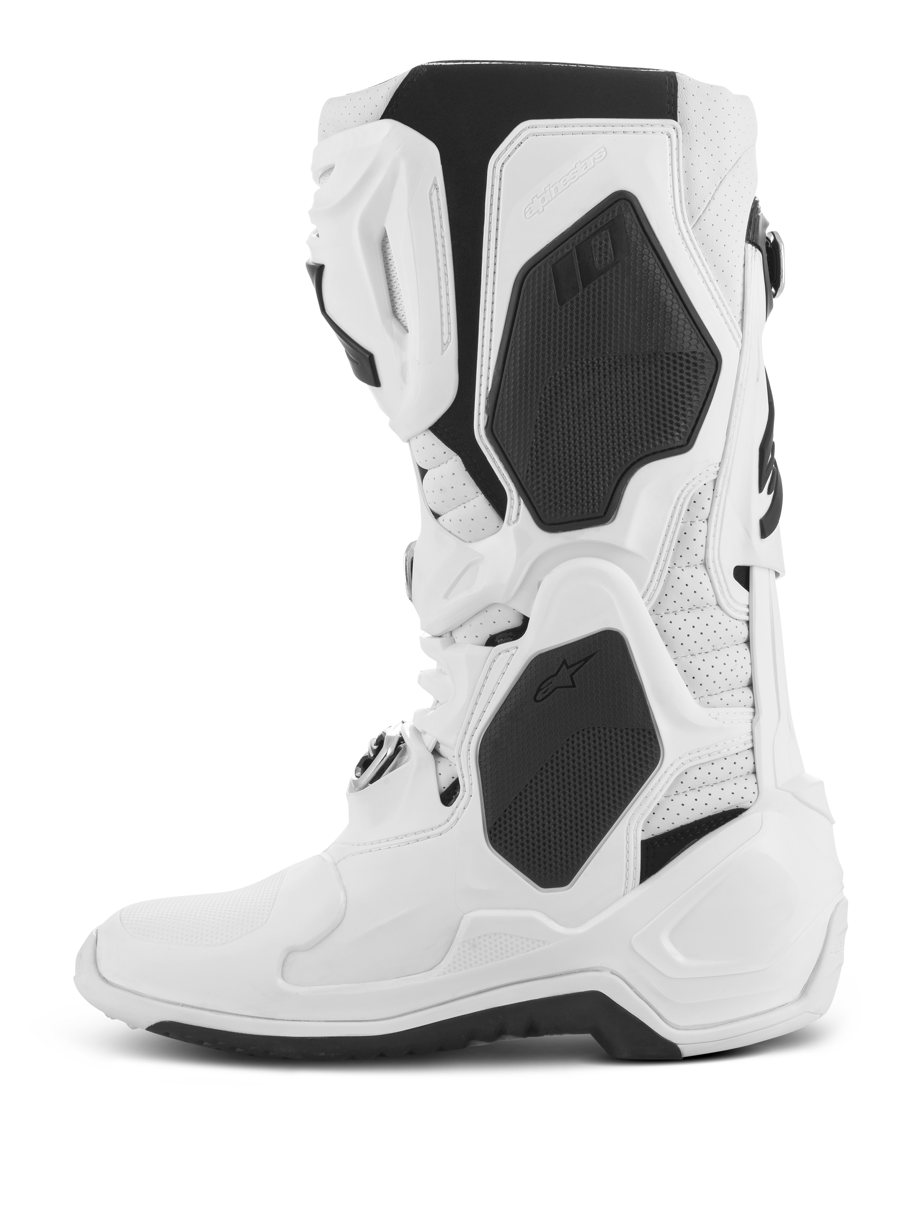 Bottes Alpinestars Tech 10 Supervented, bottes de motocross, blanches, vue de profil, avec panneaux en TPU noirs et construction en microfibre perforée, plaque tibiale ventilée pour un flux d'air élevé, équipement de course tout-terrain professionnel