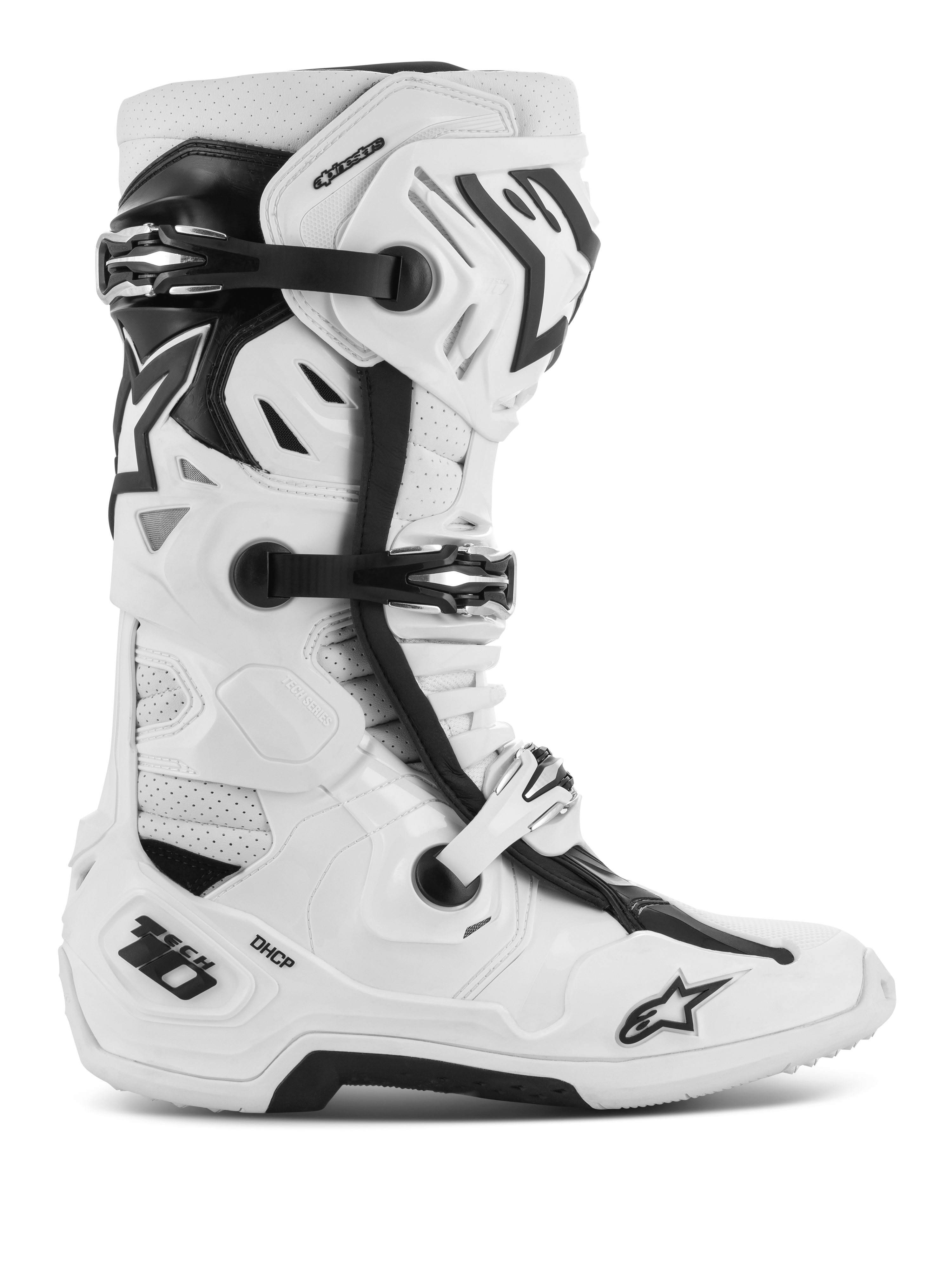 Bottes Alpinestars Tech 10 Supervented, bottes de motocross tout-terrain, blanches et noires, avec plusieurs boucles réglables, panneaux de ventilation perforés et un design montant robuste et protecteur