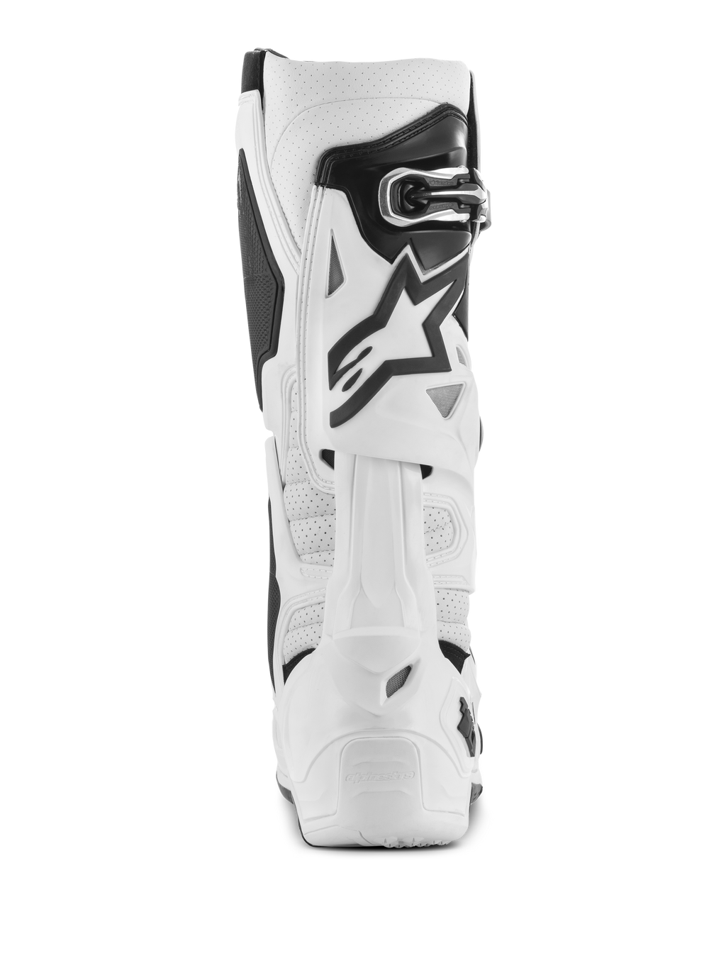 Bottes Alpinestars Tech 10 Supervented, bottes de motocross blanches, vue arrière avec microfibre perforée pour la circulation de l'air, système de lame arrière en TPU blanc, logo étoile noir et fermeture par boucle sécurisée, chaussures tout-terrain haute performance