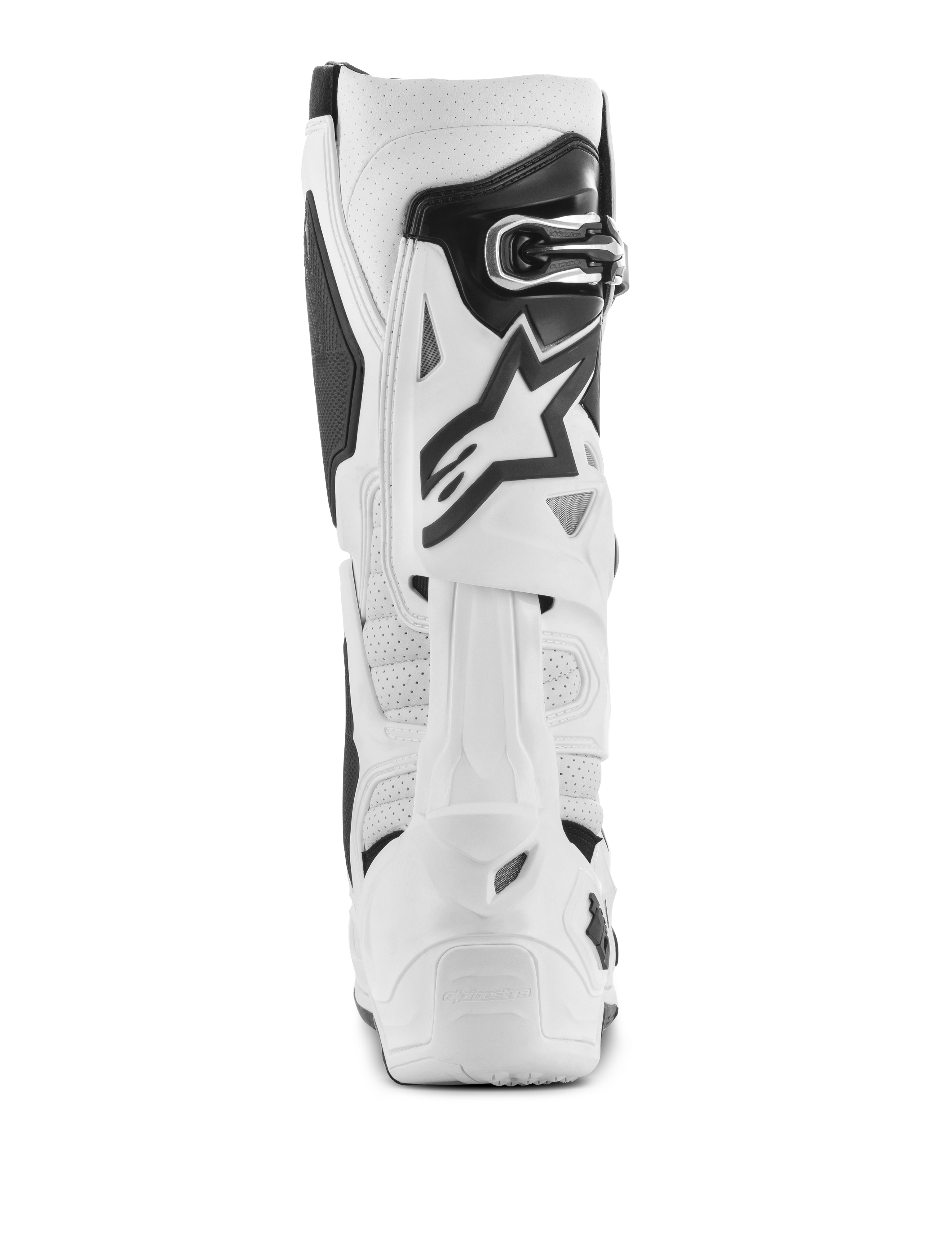 Bottes Alpinestars Tech 10 Supervented, bottes de motocross blanches, vue arrière avec microfibre perforée pour la circulation de l'air, système de lame arrière en TPU blanc, logo étoile noir et fermeture par boucle sécurisée, chaussures tout-terrain haute performance