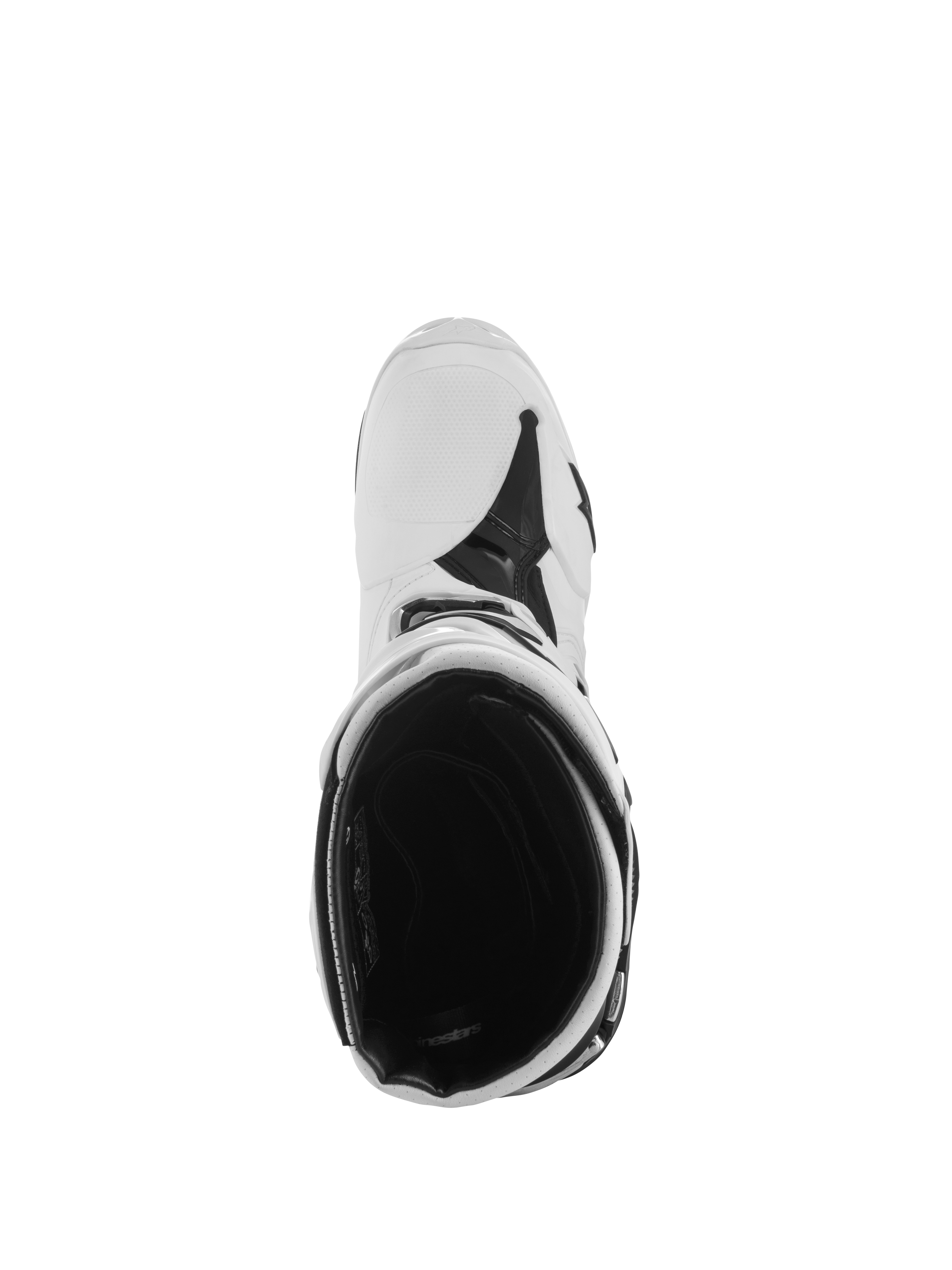 Bottes Alpinestars Tech 10 Supervented, bottes de motocross, blanc et noir, vue de dessus montrant la doublure intérieure en maille et la construction ventilée, chaussures de protection professionnelles pour le motocross