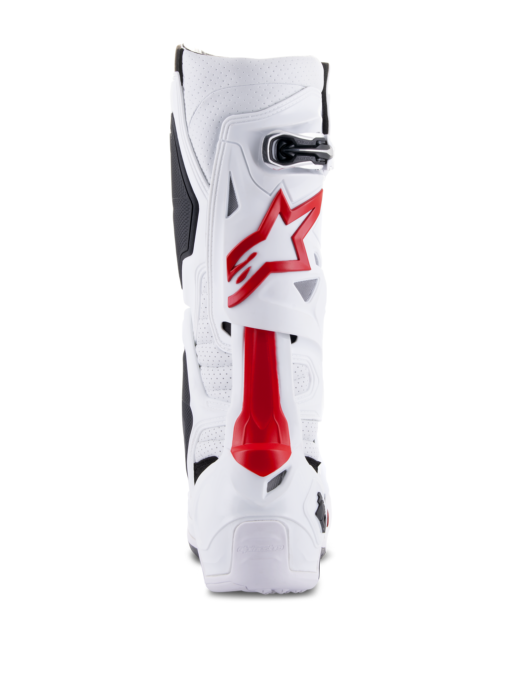 Alpinestars Tech 10 Supervented Boots, Motocross Boots, White and Bright Red, rear view showing ventilated microfiber, red star logo, and reinforced TPU shell for off-road performance