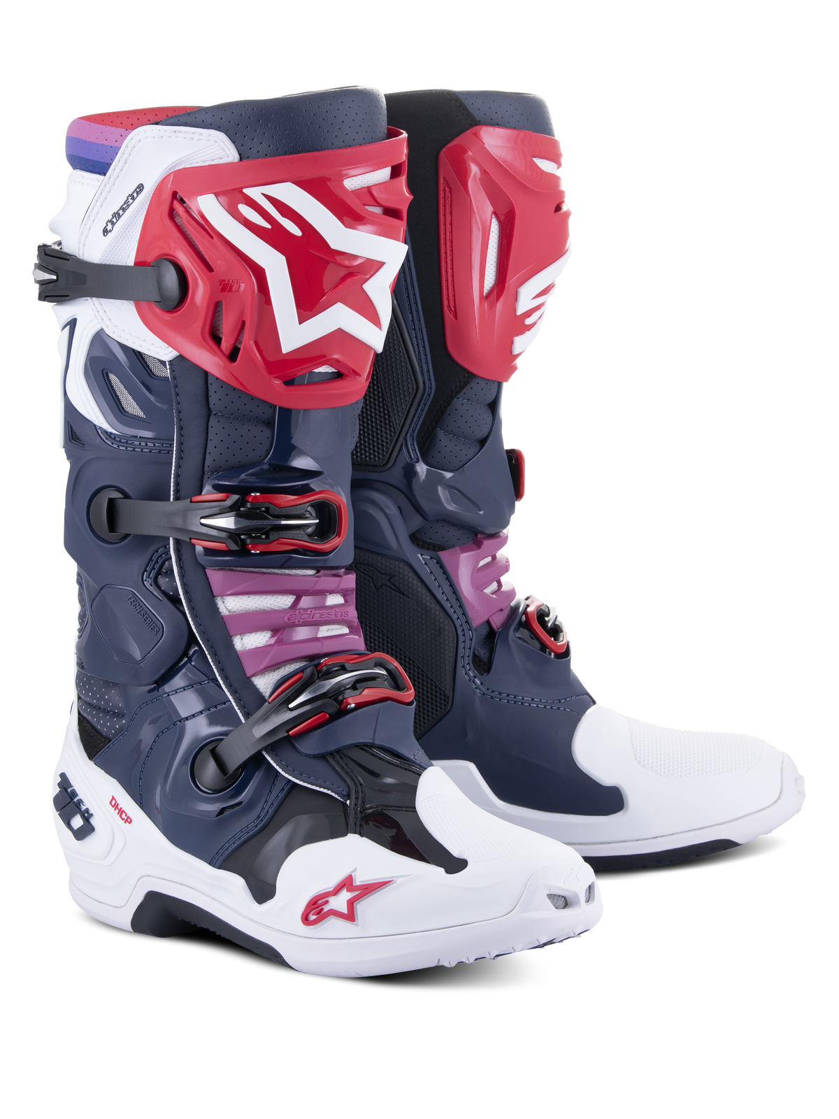 Bottes Alpinestars Tech 10 Supervented, bottes de motocross, Night Navy White Rainbow, avec plaques tibiales rouges et logo étoile blanc, plusieurs boucles noires et panneaux en mesh perforé pour un flux d'air élevé.