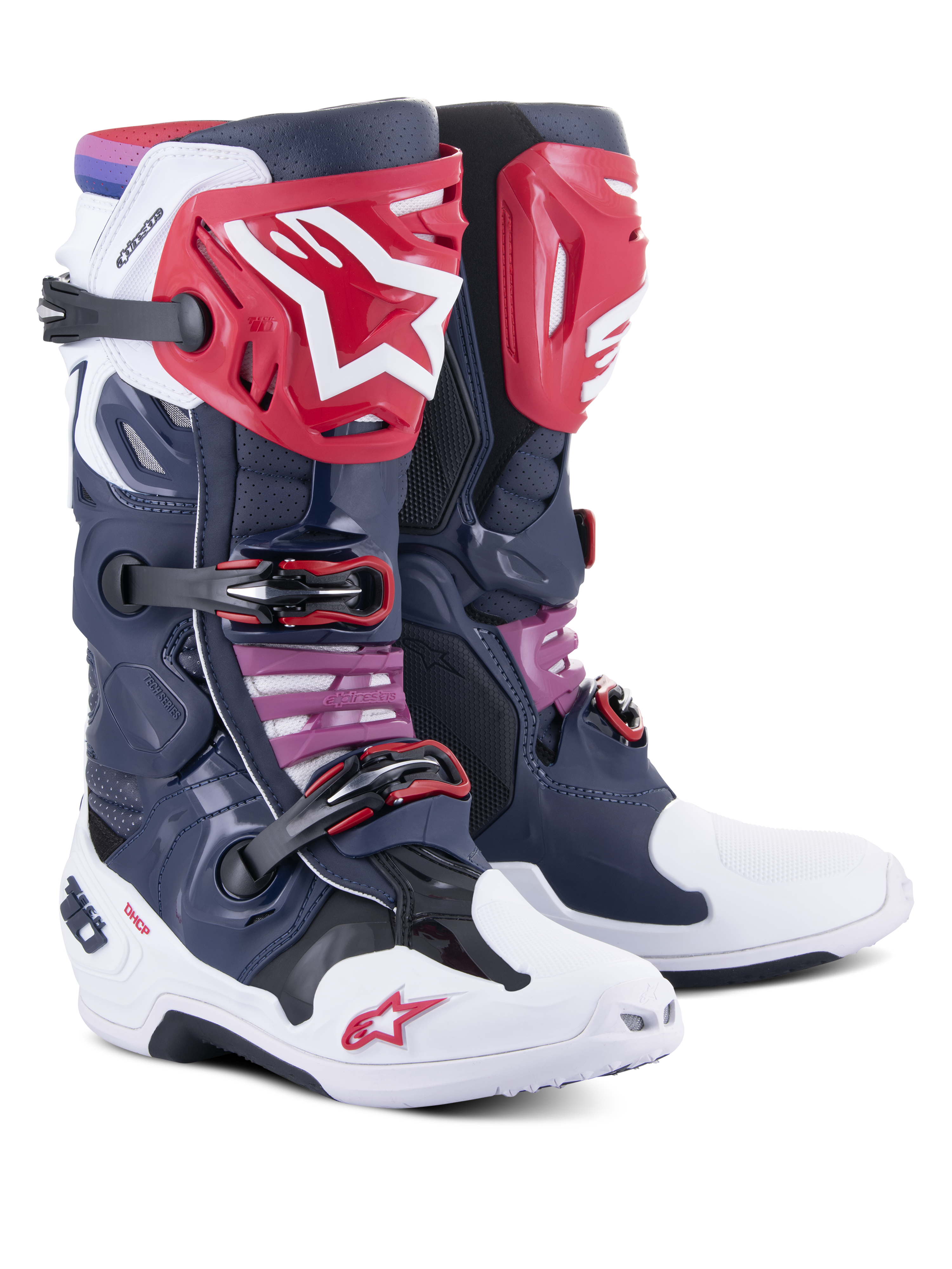Alpinestars Tech 10 Supervented Boots, Motocross Boots, Night Navy White Rainbow, featuring red shin plates with a white star logo, multiple black buckles, and perforated mesh panels for high airflow.