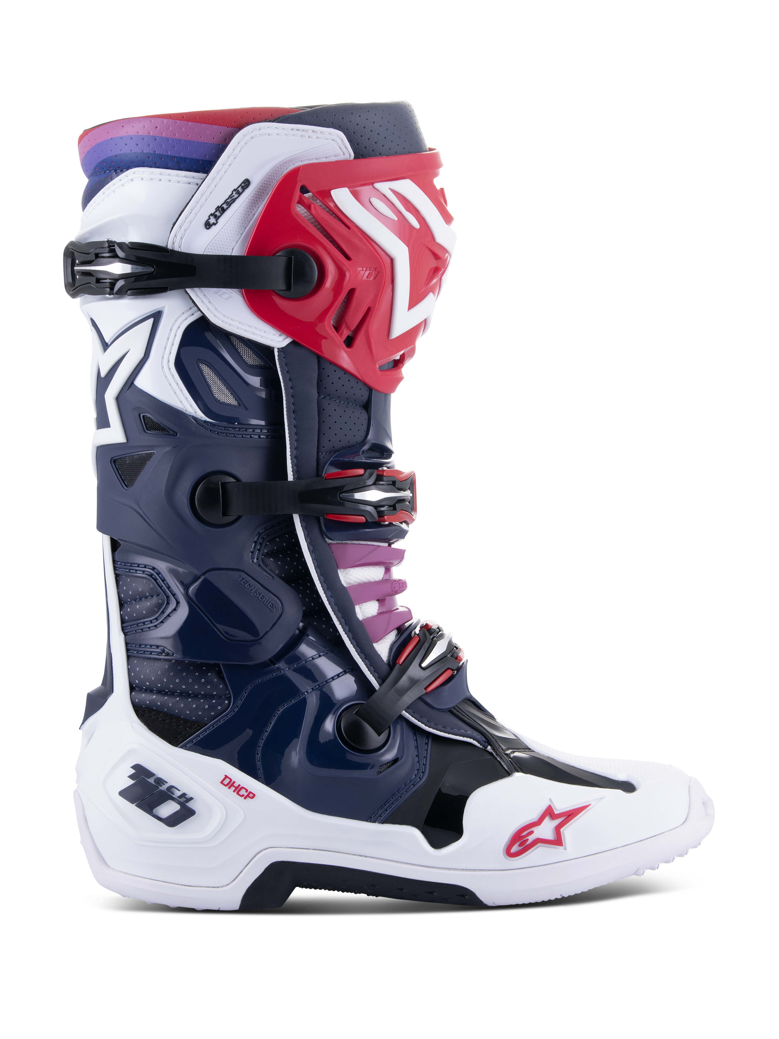Alpinestars Tech 10 Supervented Boots, Motocross Racing Boots, Night Navy White Rainbow colorway, side profile view, featuring navy blue and white shell with red accents, black buckle straps, and a purple to red gradient at the top cuff, high-performance ventilated construction for off-road racing protection