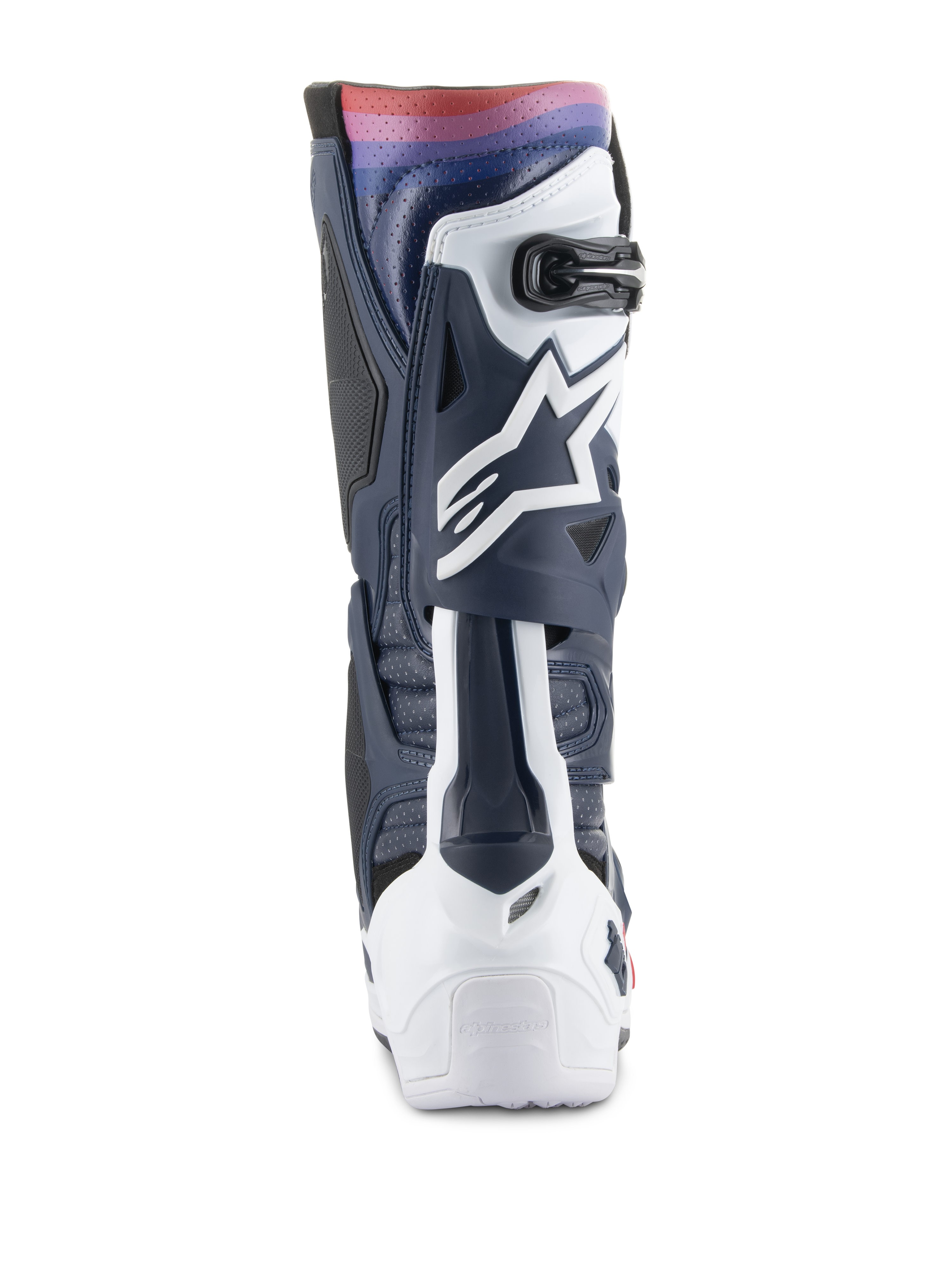 Alpinestars Tech 10 Supervented Boots, Motocross Boots, Night Navy White Rainbow, rear-facing view showing the navy and white TPU structure with a vibrant rainbow gradient at the top, featuring the white Astars logo and ventilated panels for off-road performance.