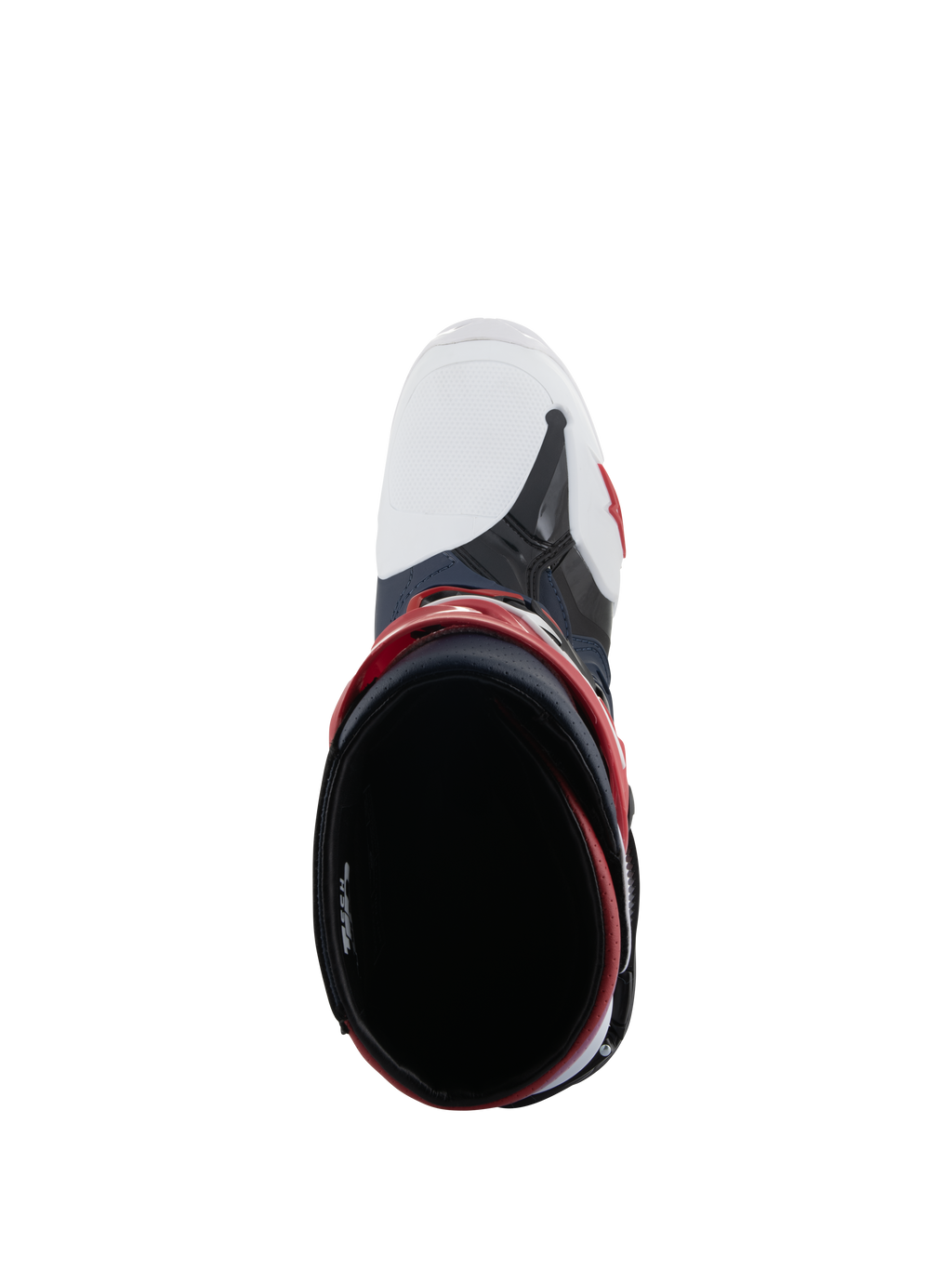 Alpinestars Tech 10 Supervented Boots, top-down view looking into the boot opening, Night Navy White Rainbow, featuring a white ventilated toe box and red accents, high-performance motocross footwear designed for maximum airflow.