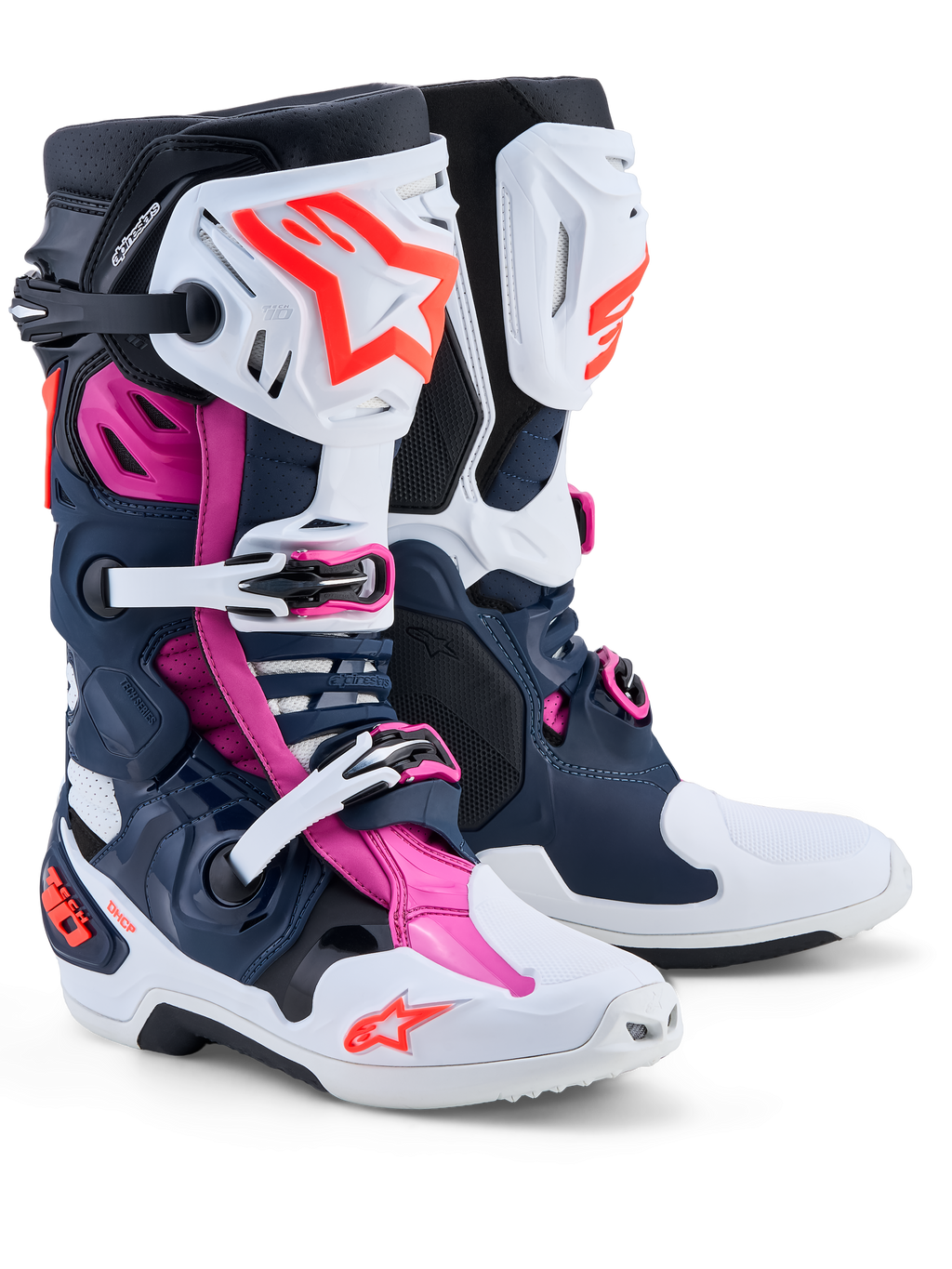 Bottes Alpinestars Tech-10 Supervented, motocross pour homme, bleu foncé, blanches et fuchsia, coques en TPU ventilées.