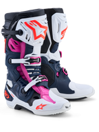 Bottes Alpinestars Tech-10 Supervented, motocross pour homme, bleu foncé, blanches et fuchsia, coques en TPU ventilées.
