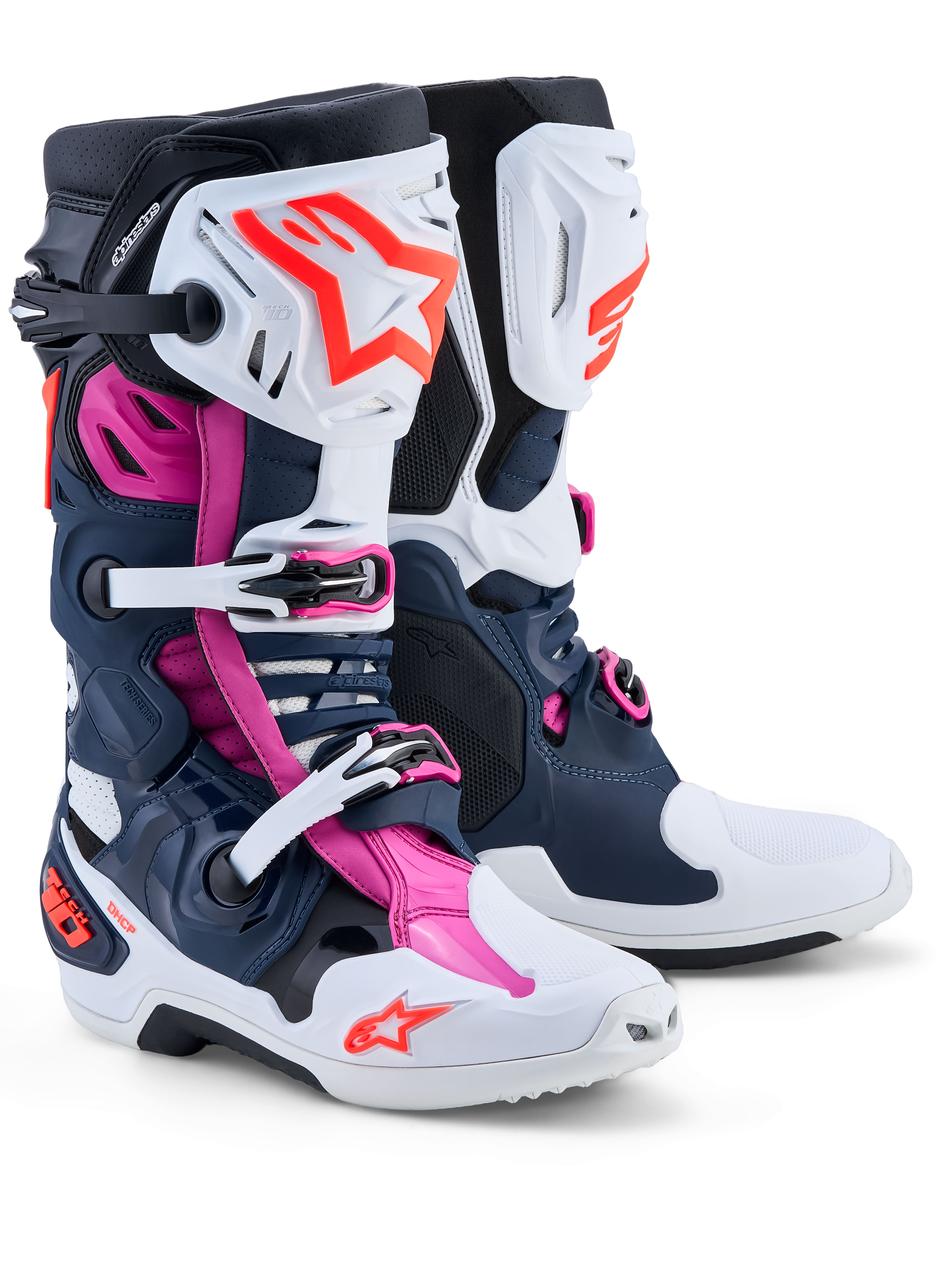 Bottes Alpinestars Tech-10 Supervented, motocross pour homme, bleu foncé, blanches et fuchsia, coques en TPU ventilées.