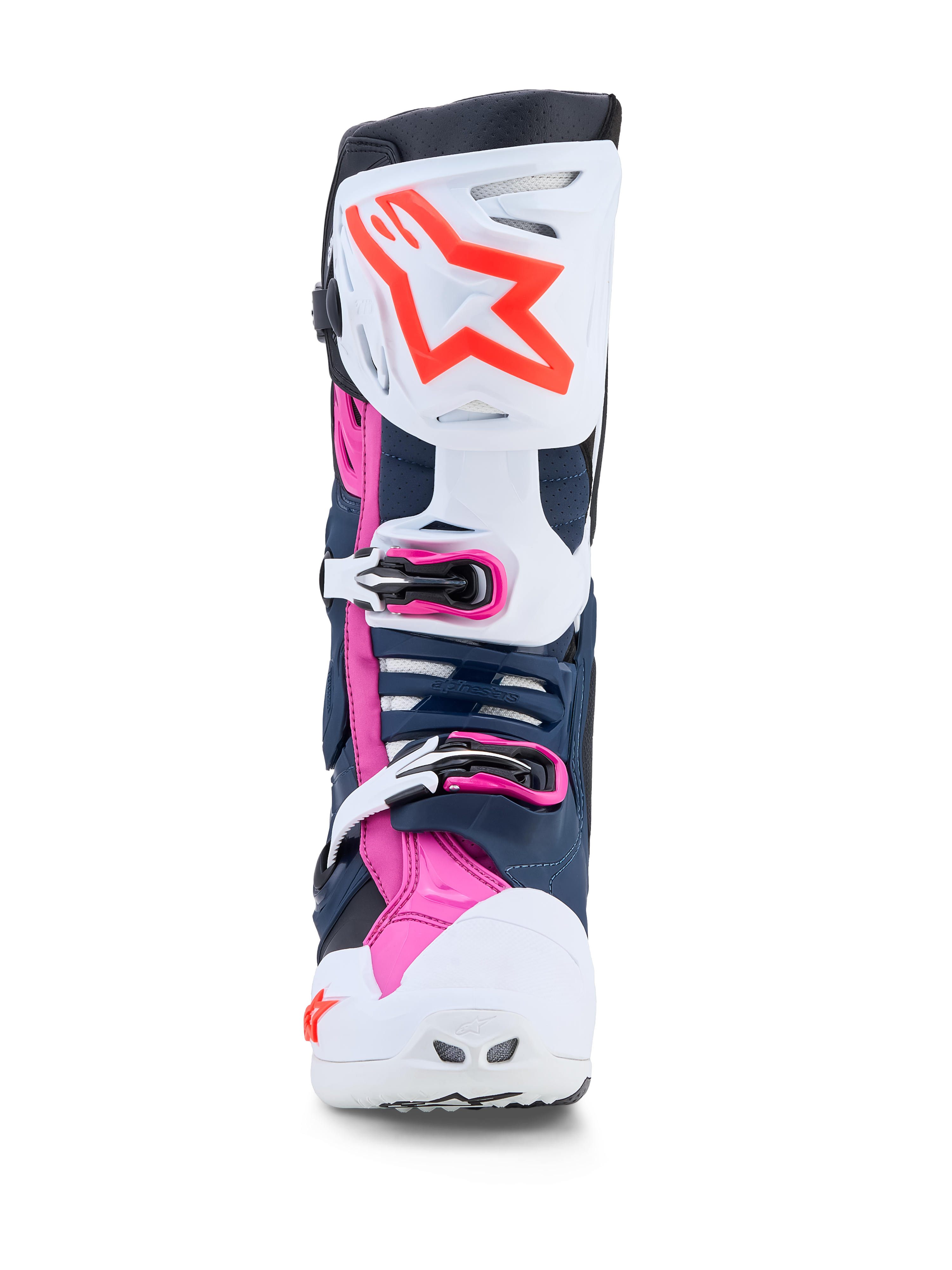Bottes Alpinestars Tech-10 Supervented blanches, bleu foncé et fuchsia avec panneaux TPU ventilés pour la course tout-terrain.
