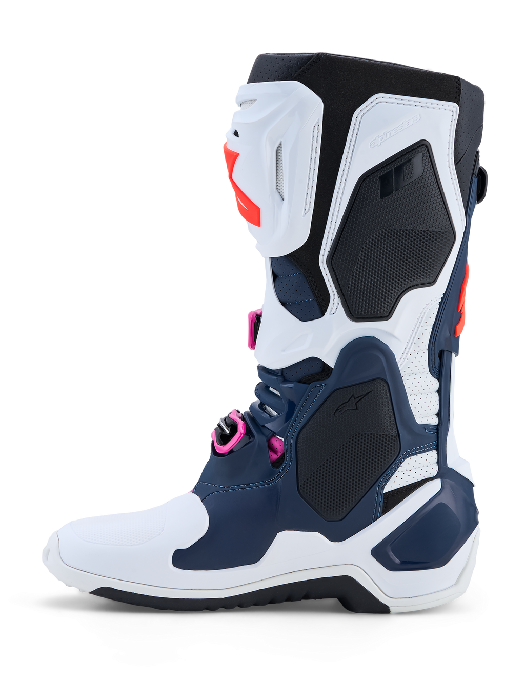 Bottes Alpinestars Tech-10 Supervented, bottes de motocross bleu foncé et blanches, accents fuchsia, coque en TPU ventilée.