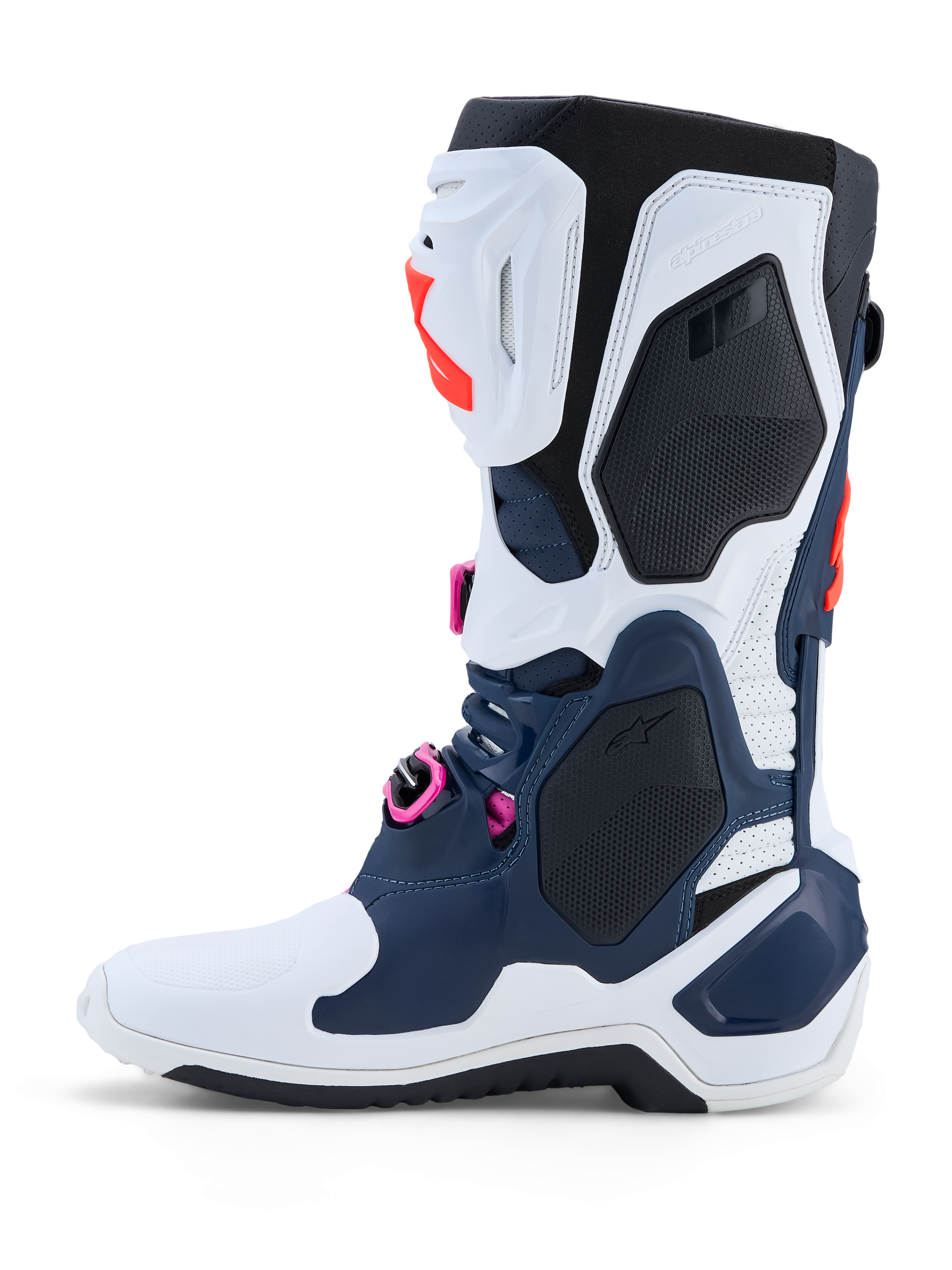 Bottes Alpinestars Tech-10 Supervented, bottes de motocross bleu foncé et blanches, accents fuchsia, coque en TPU ventilée.