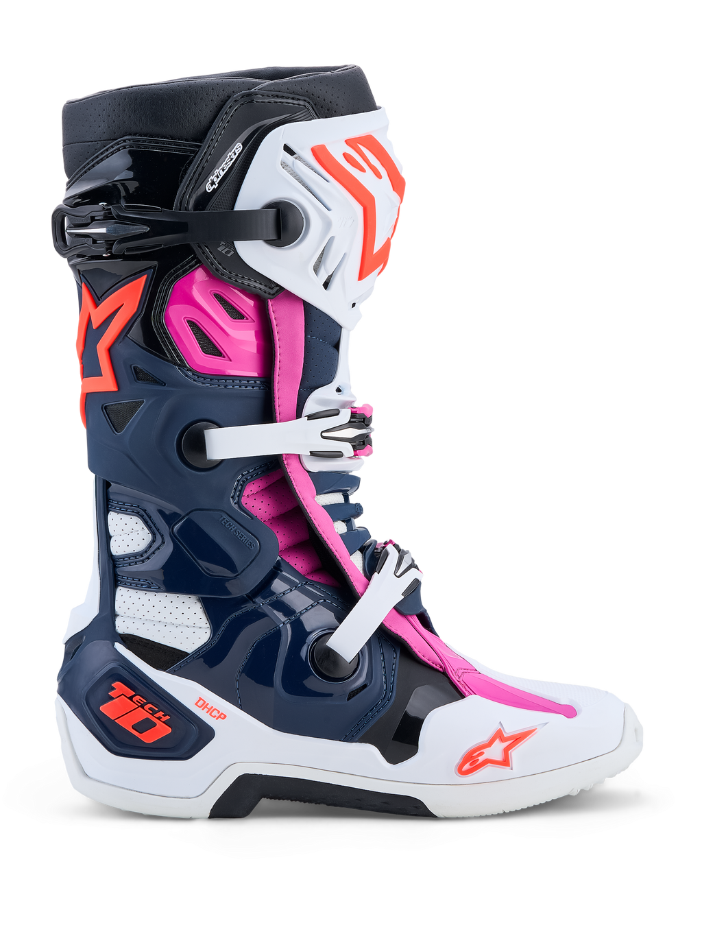 Alpinestars Tech-10 Supervented, bottes de motocross, bleu foncé, blanc et fuchsia, avec ventilation avancée pour la course tout-terrain