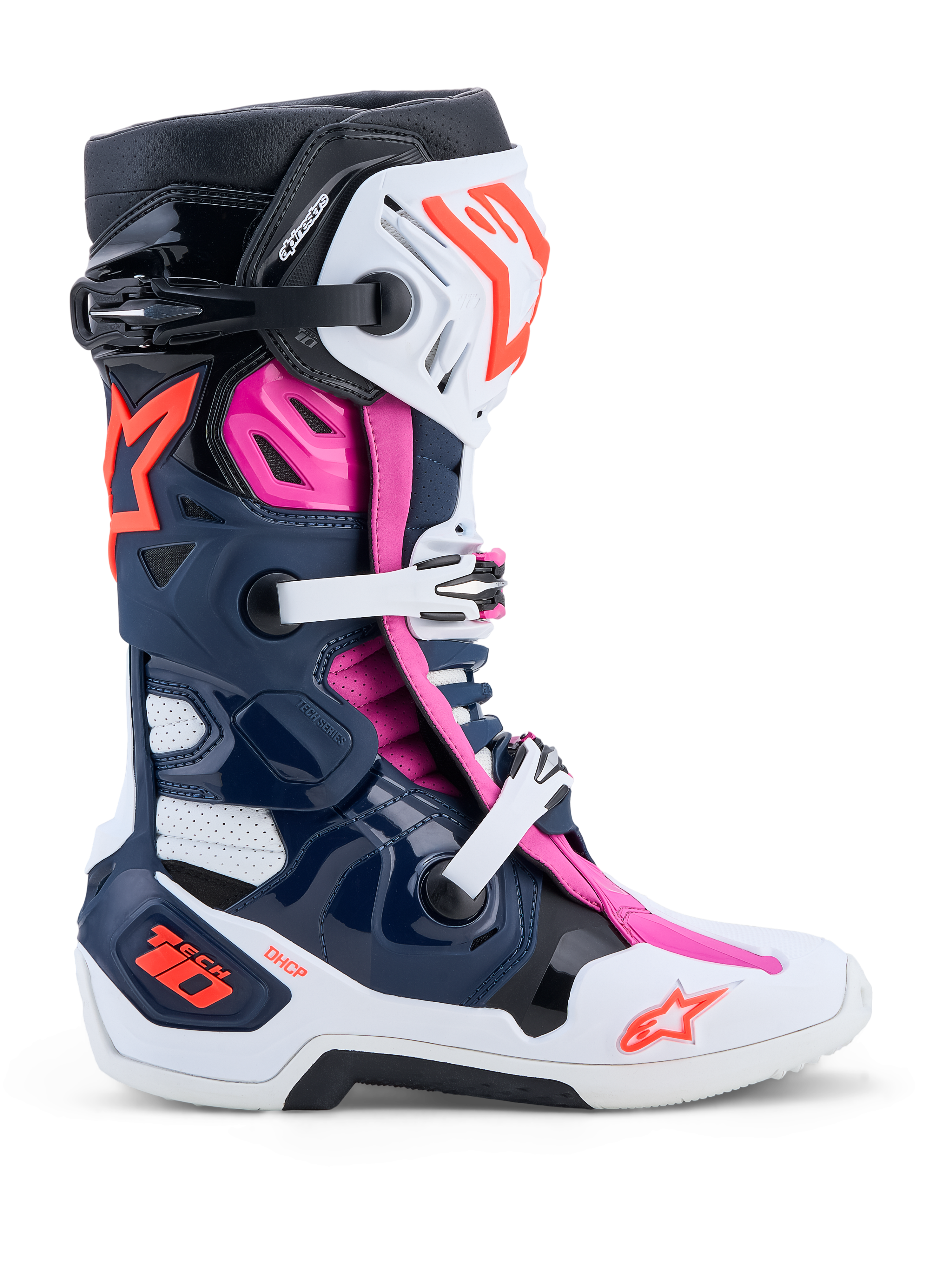 Alpinestars Tech-10 Supervented Boots in dark blue, white, and fuchsia with advanced ventilation for motocross racing.