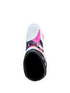 Bottes Alpinestars Tech-10 Supervented pour motocross, bleu foncé, blanches et fuchsia, vue de dessus de l'intérieur.