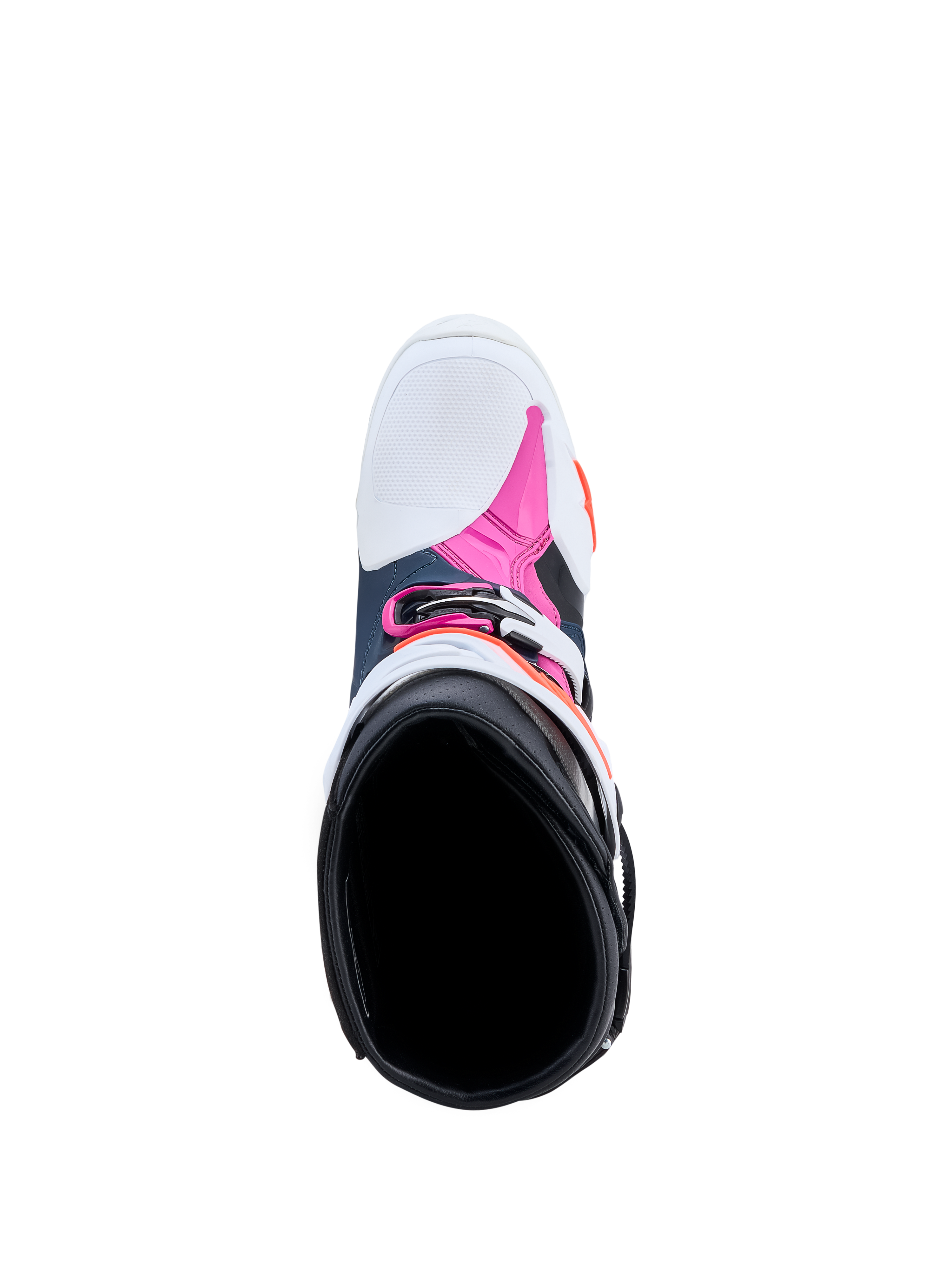 Bottes Alpinestars Tech-10 Supervented pour motocross, bleu foncé, blanches et fuchsia, vue de dessus de l'intérieur.