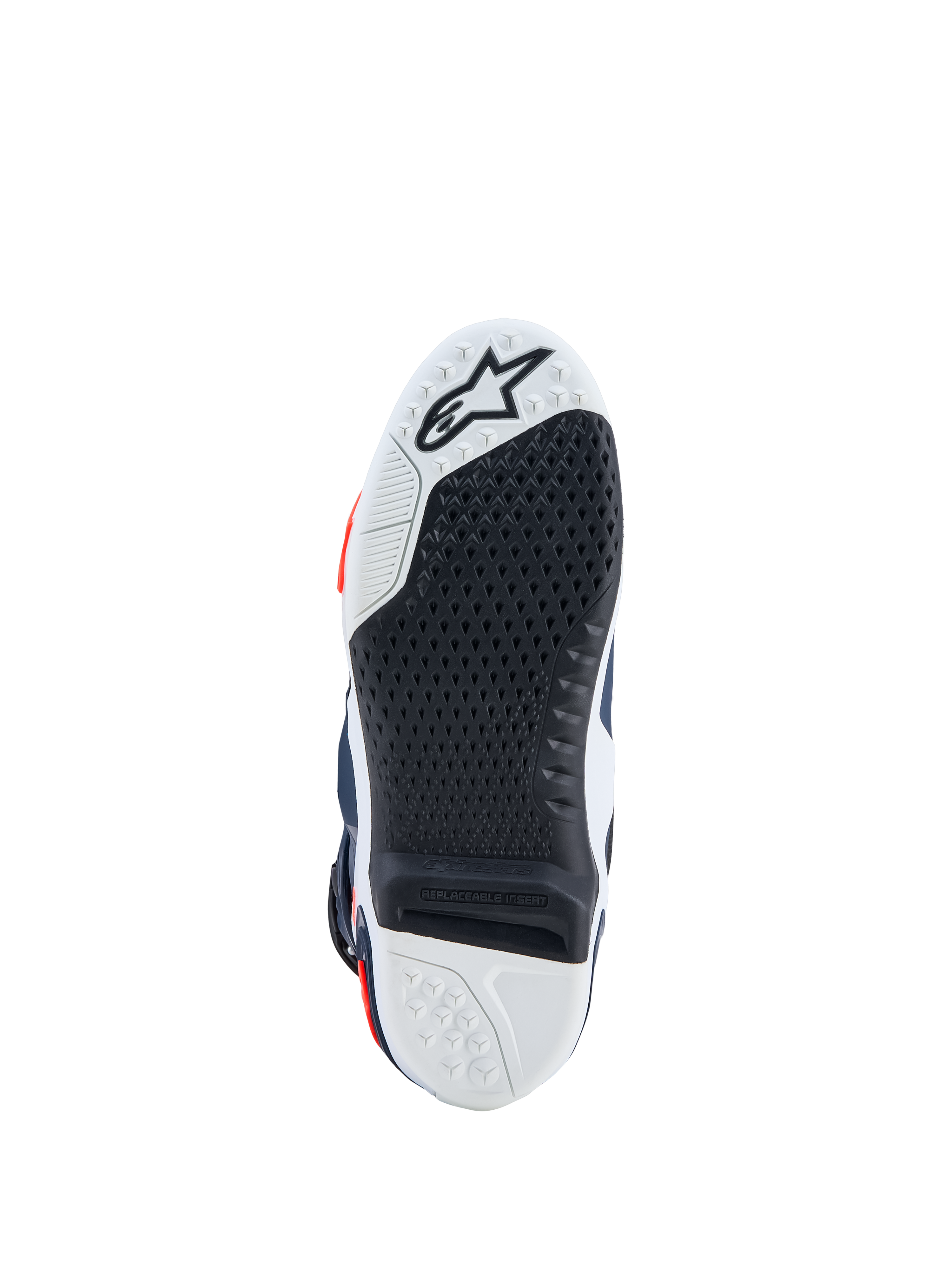 Alpinestars Tech-10 Supervented, semelle de bottes de motocross noire et blanche, insert remplaçable à haute adhérence.