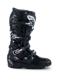 Alpinestars 2026 Tech 7 Enduro Drystar® Boots, Black off-road motorcycle boots, profile view featuring four silver buckle closures, rugged dual-compound enduro sole, and extensive TPU protection with matte and glossy black finishes.